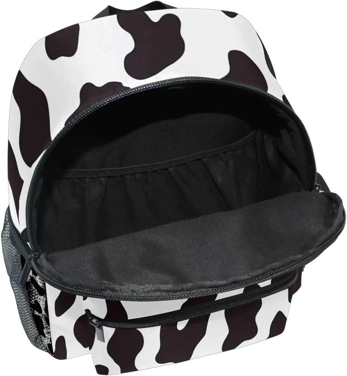 Custom Cow Print Kids Backpack for Girls Boys, White Black Cow Pattern Toddler Casual Daypack Backpacks, Personalized with Kid's Name Preschool School Bag, Children Travel Bookbag with Chest Strap