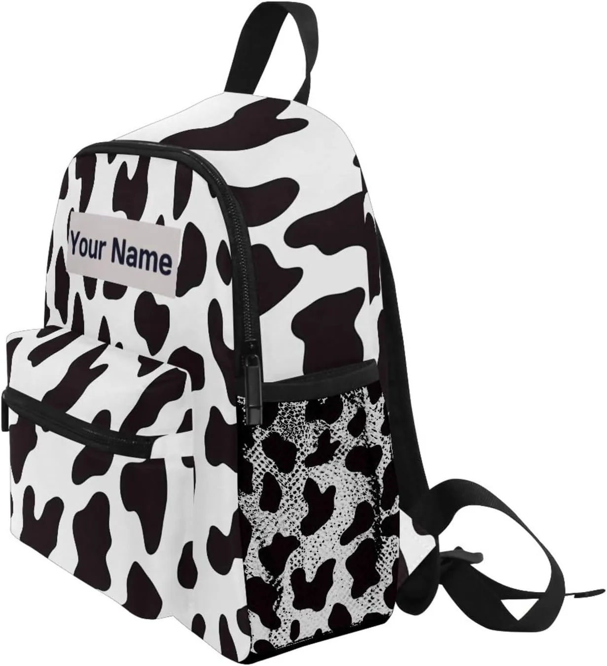 Custom Cow Print Kids Backpack for Girls Boys, White Black Cow Pattern Toddler Casual Daypack Backpacks, Personalized with Kid's Name Preschool School Bag, Children Travel Bookbag with Chest Strap