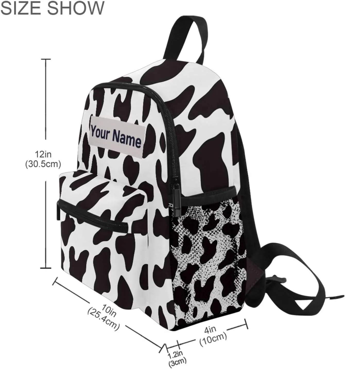 Custom Cow Print Kids Backpack for Girls Boys, White Black Cow Pattern Toddler Casual Daypack Backpacks, Personalized with Kid's Name Preschool School Bag, Children Travel Bookbag with Chest Strap