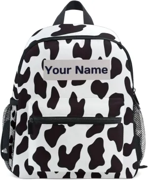 Custom Cow Print Kids Backpack for Girls Boys, White Black Cow Pattern Toddler Casual Daypack Backpacks, Personalized with Kid's Name Preschool School Bag, Children Travel Bookbag with Chest Strap