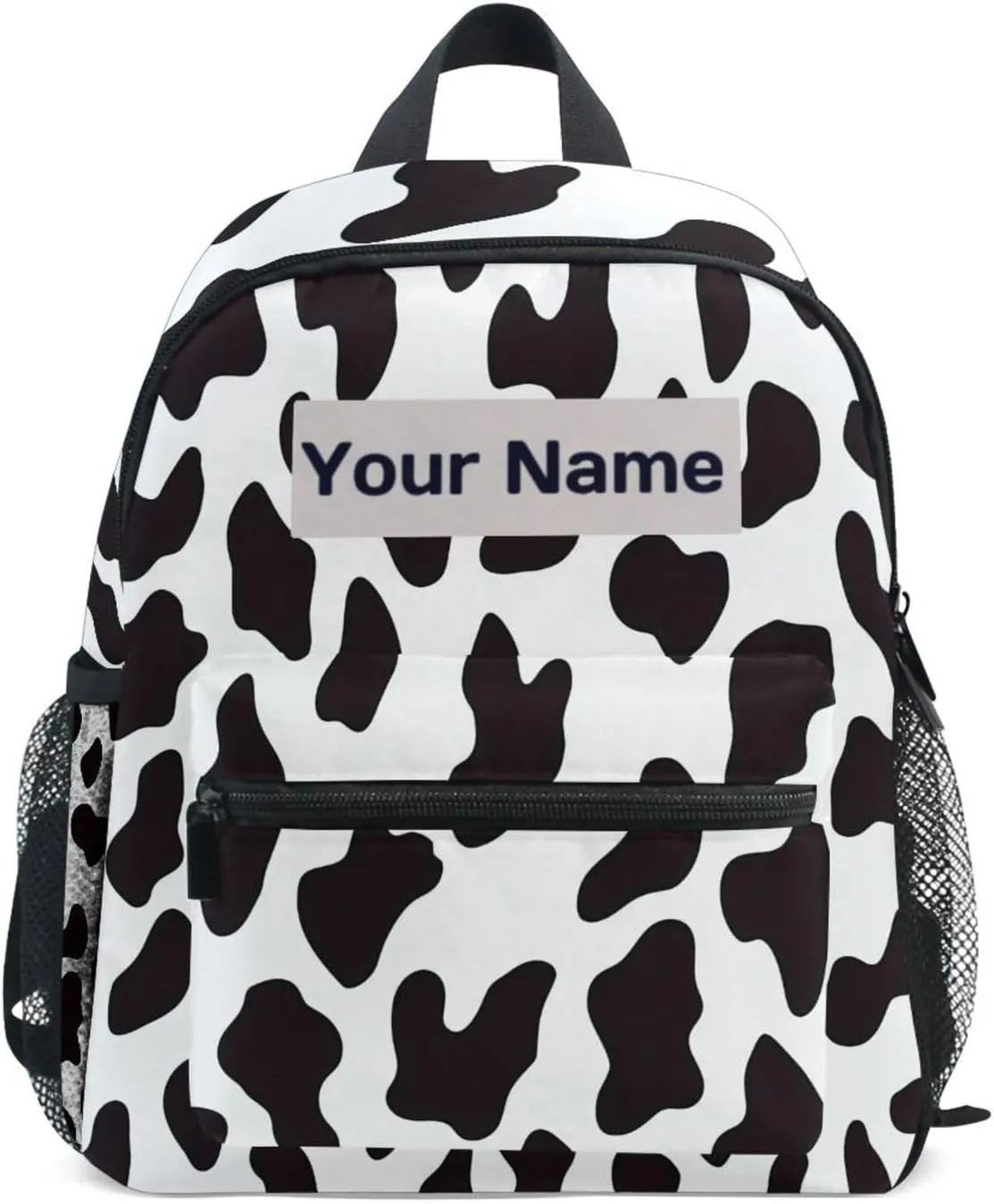 Custom Cow Print Kids Backpack for Girls Boys, White Black Cow Pattern Toddler Casual Daypack Backpacks, Personalized with Kid's Name Preschool School Bag, Children Travel Bookbag with Chest Strap
