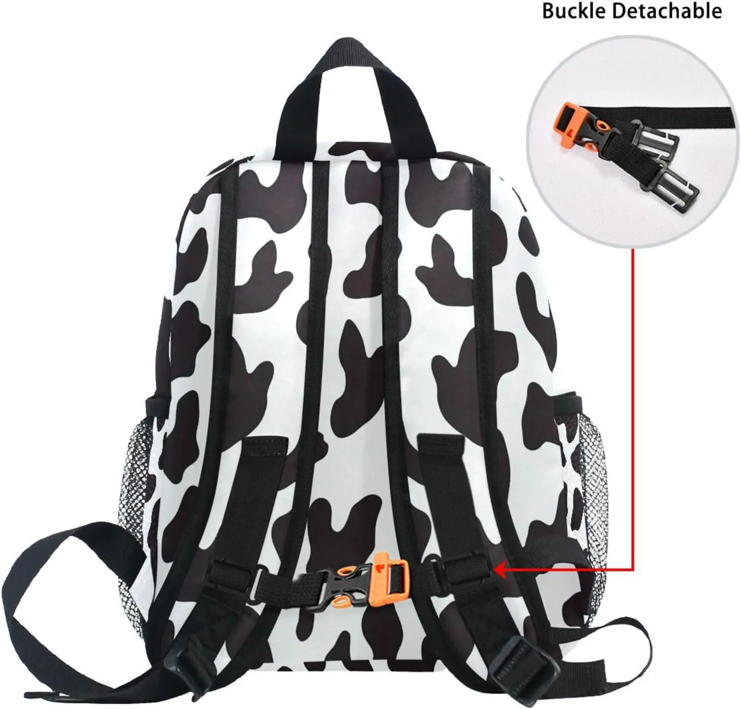 Custom Cow Print Kids Backpack for Girls Boys, White Black Cow Pattern Toddler Casual Daypack Backpacks, Personalized with Kid's Name Preschool School Bag, Children Travel Bookbag with Chest Strap