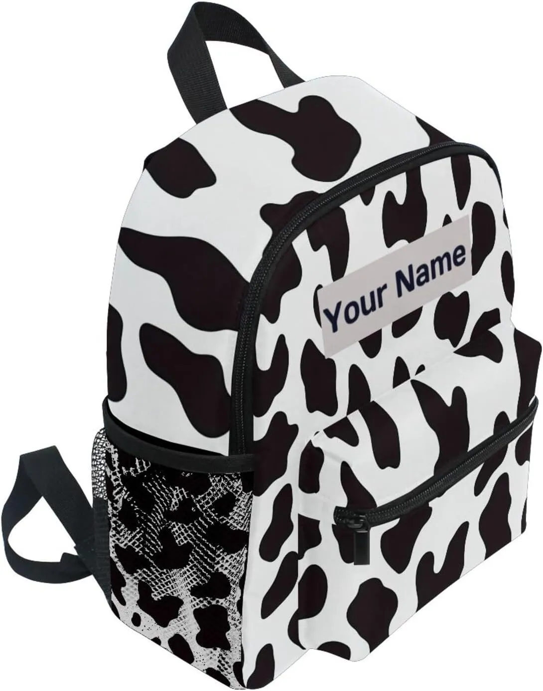 Custom Cow Print Kids Backpack for Girls Boys, White Black Cow Pattern Toddler Casual Daypack Backpacks, Personalized with Kid's Name Preschool School Bag, Children Travel Bookbag with Chest Strap