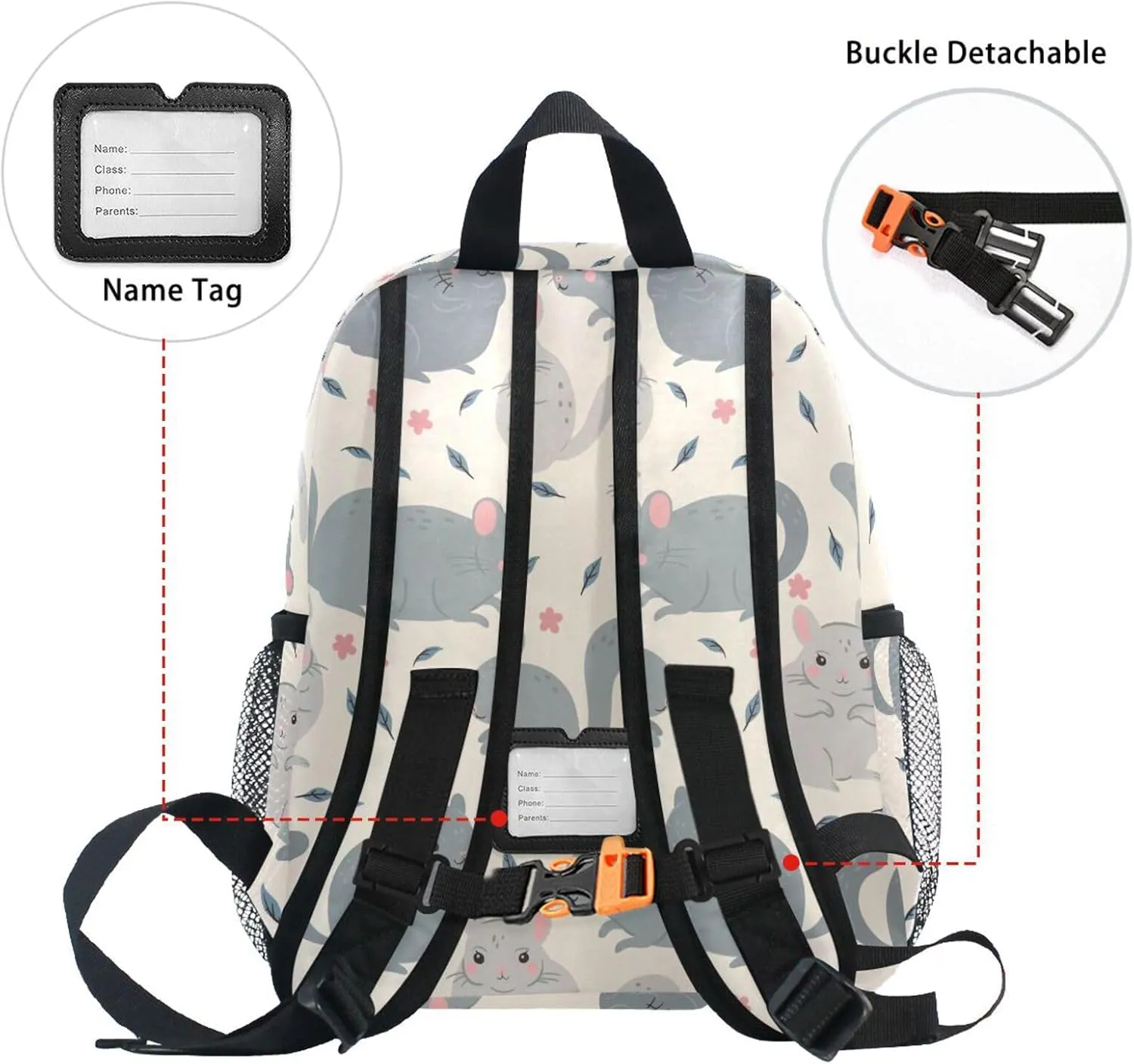 Custom Kid's Name Toddler Backpack for Boys Girls Cute Chinchillas Flowers Personalized Daycare Preschool Kindergarten Bookbag S