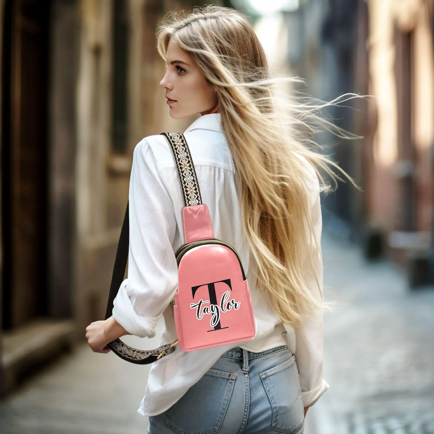 Custom Light Coral Sling Bag for Women Personalized Leather Crossbody Bags Fanny Pack Crossbody Side Bag with Adjustable Strap for Women Anti Theft
