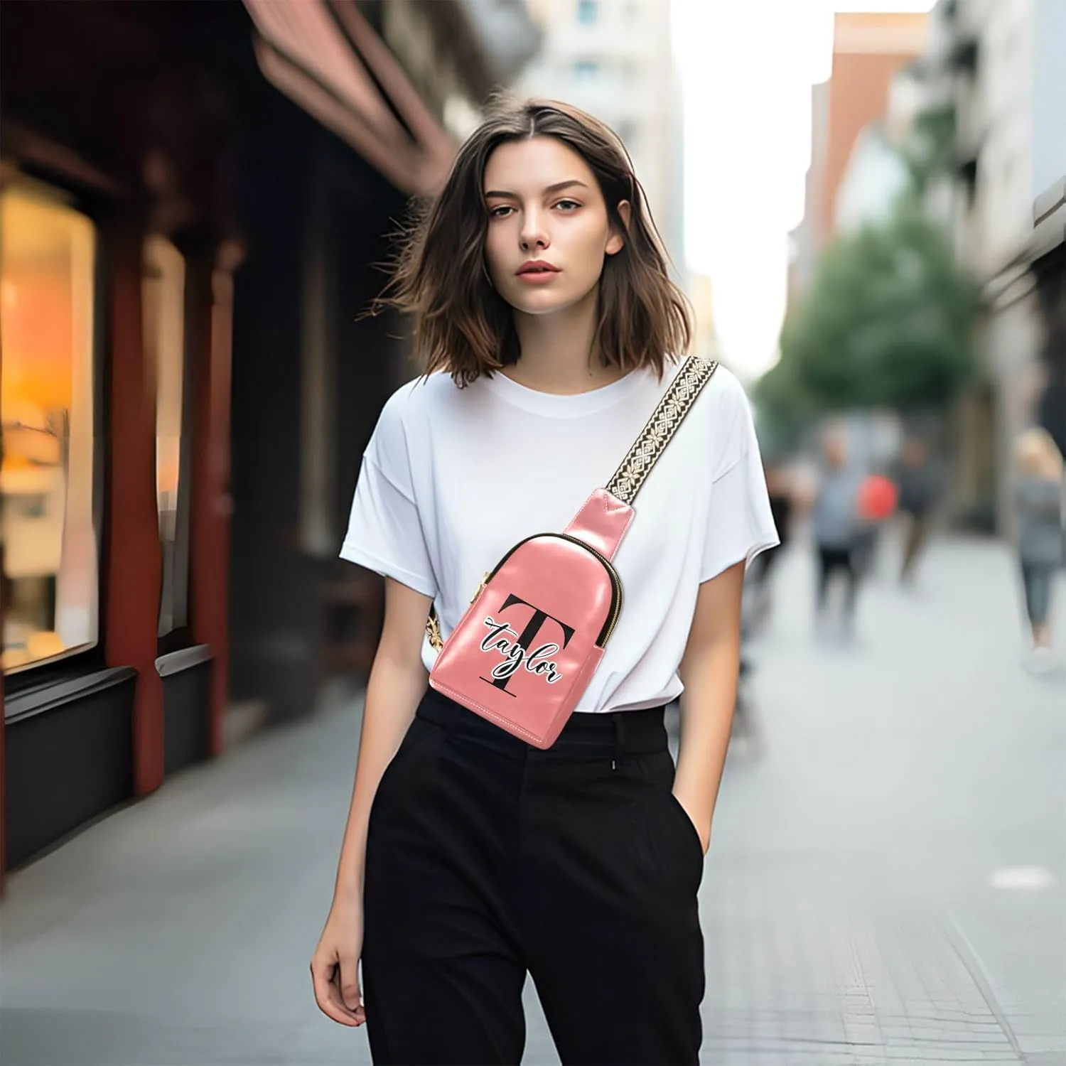 Custom Light Coral Sling Bag for Women Personalized Leather Crossbody Bags Fanny Pack Crossbody Side Bag with Adjustable Strap for Women Anti Theft
