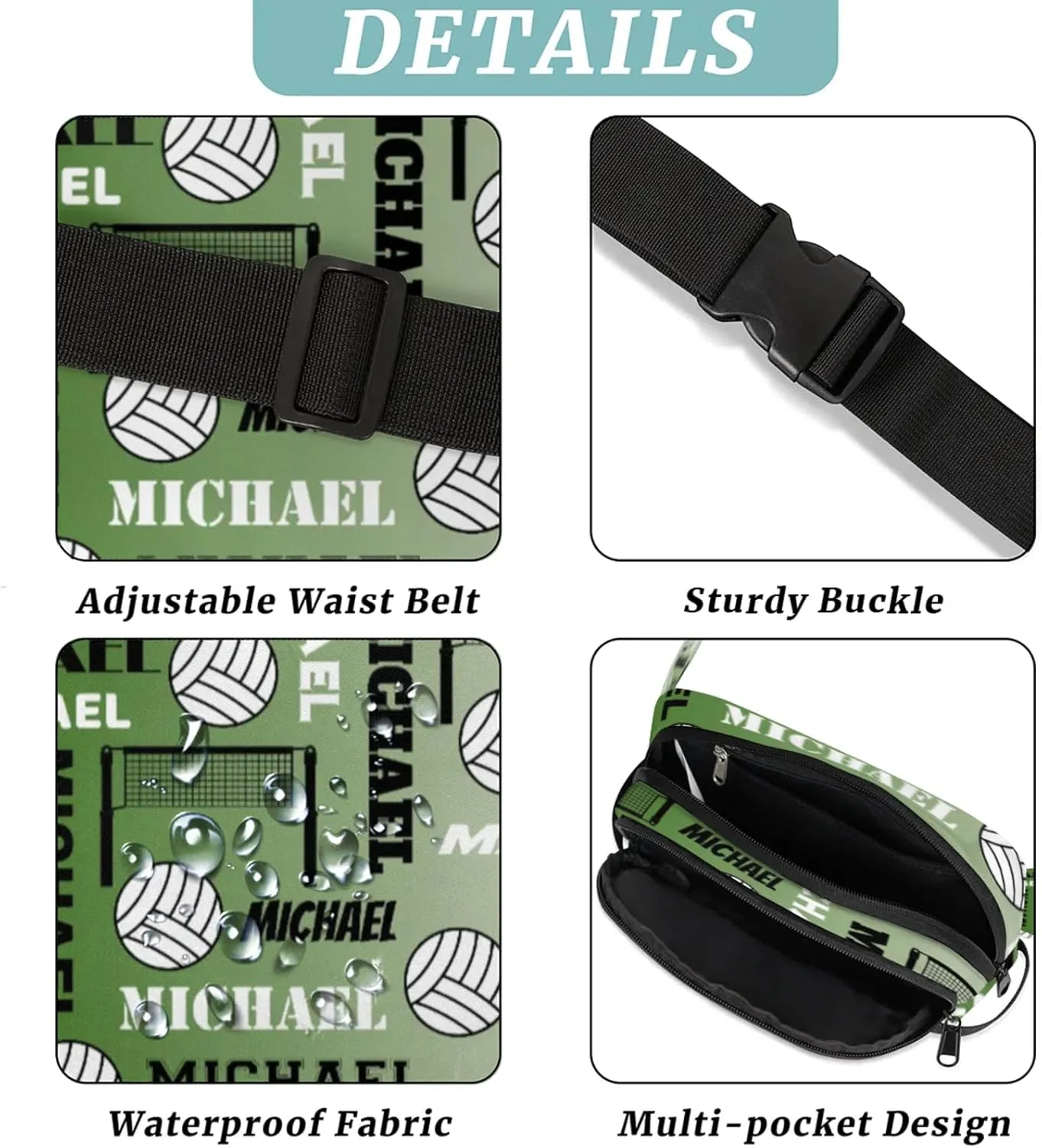 Custom Name Volleyball Waist Packs for Women Men, Personalized Belt Bag Crossbody Fanny Pack with Adjustable Strap for Sports Workout Running, Misty Green