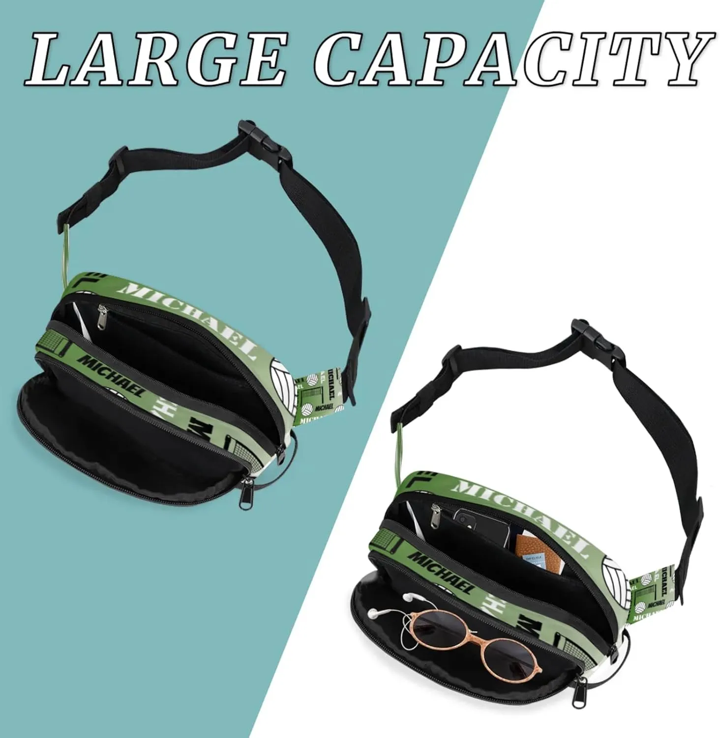 Custom Name Volleyball Waist Packs for Women Men, Personalized Belt Bag Crossbody Fanny Pack with Adjustable Strap for Sports Workout Running, Misty Green
