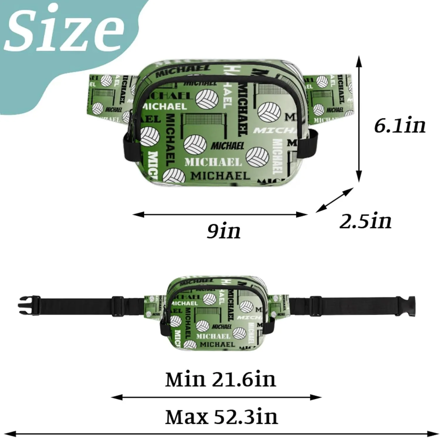 Custom Name Volleyball Waist Packs for Women Men, Personalized Belt Bag Crossbody Fanny Pack with Adjustable Strap for Sports Workout Running, Misty Green