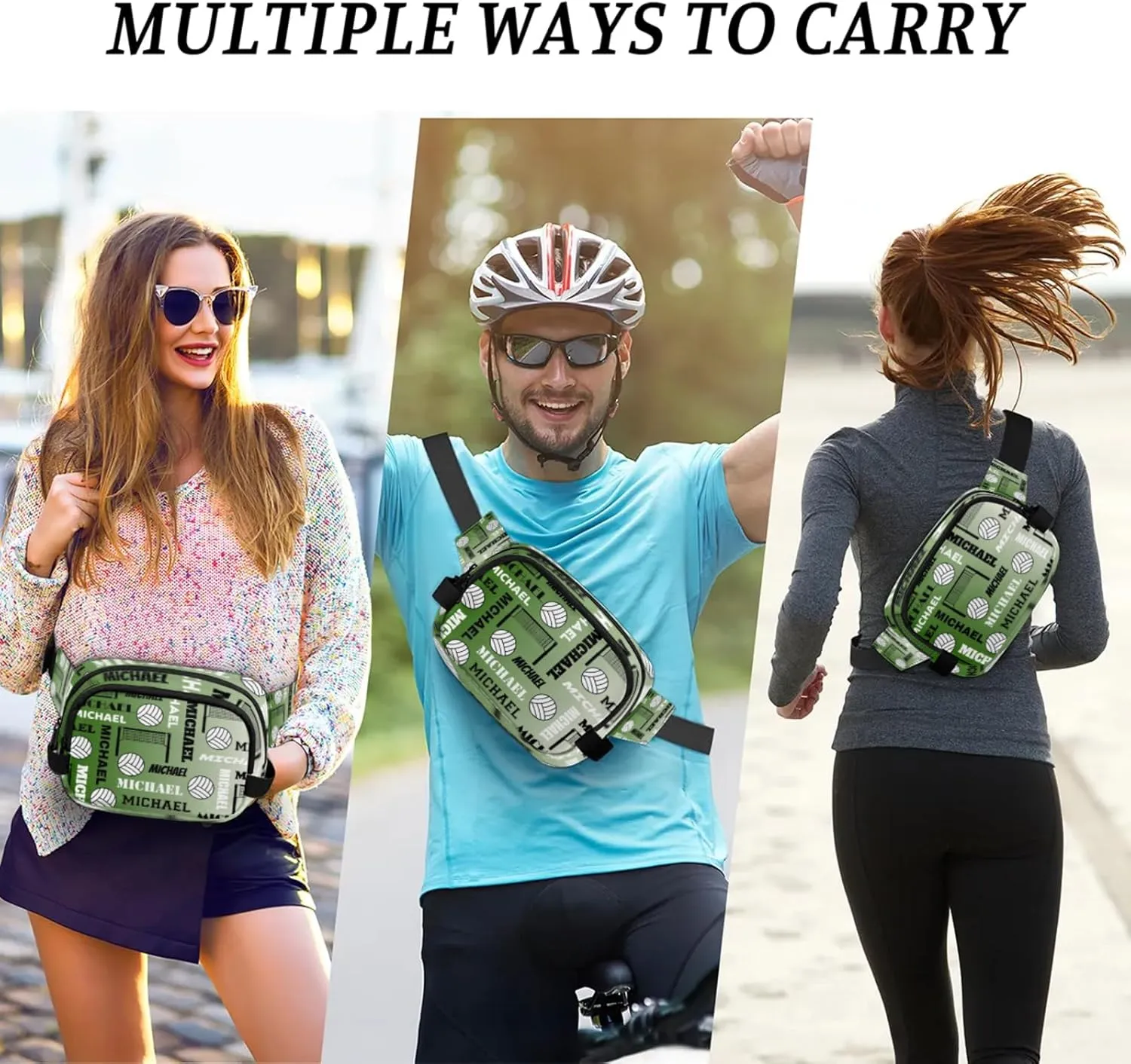 Custom Name Volleyball Waist Packs for Women Men, Personalized Belt Bag Crossbody Fanny Pack with Adjustable Strap for Sports Workout Running, Misty Green