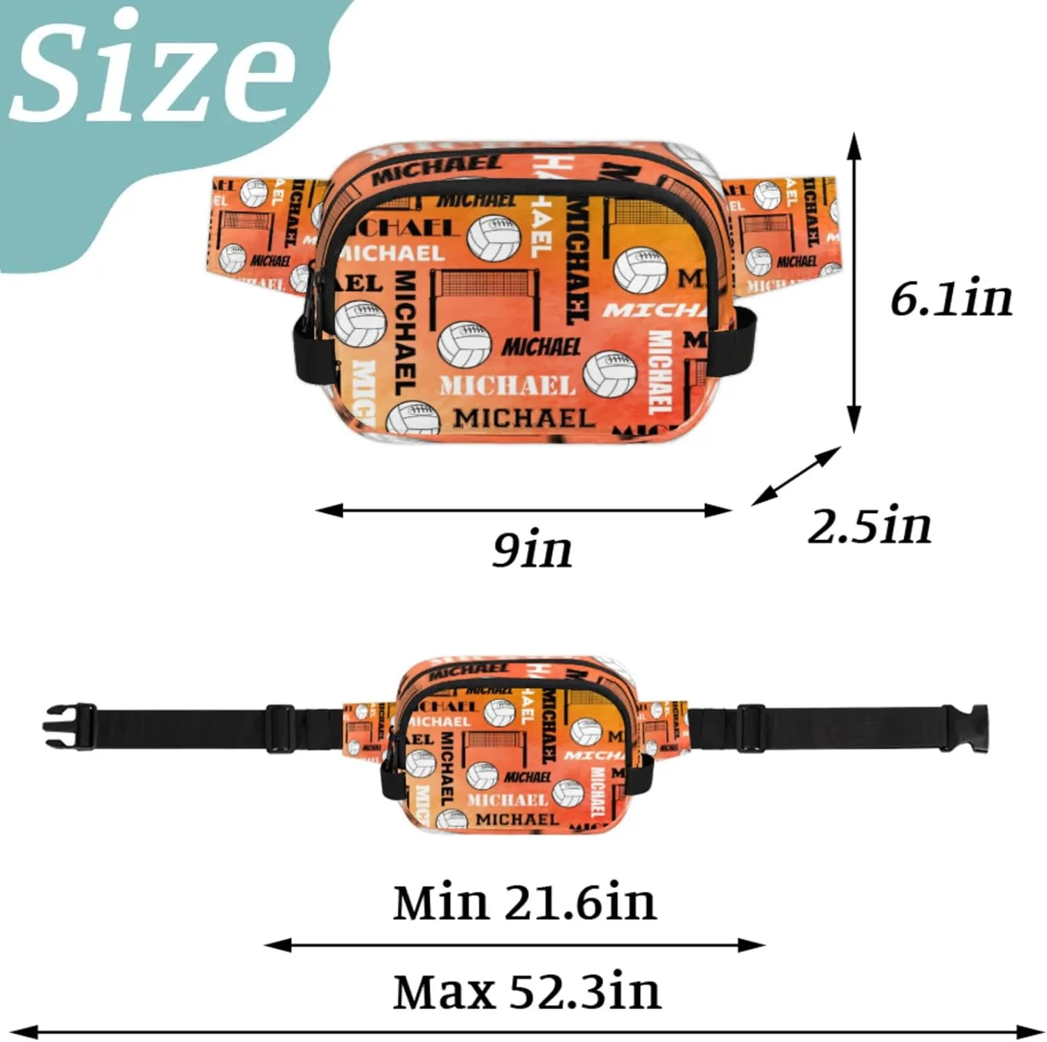 Custom Name Volleyball Waist Packs for Women Men, Personalized Fanny Pack Crossbody Belt Bag with Adjustable Strap for Sports Workout Traveling, Dark Orange