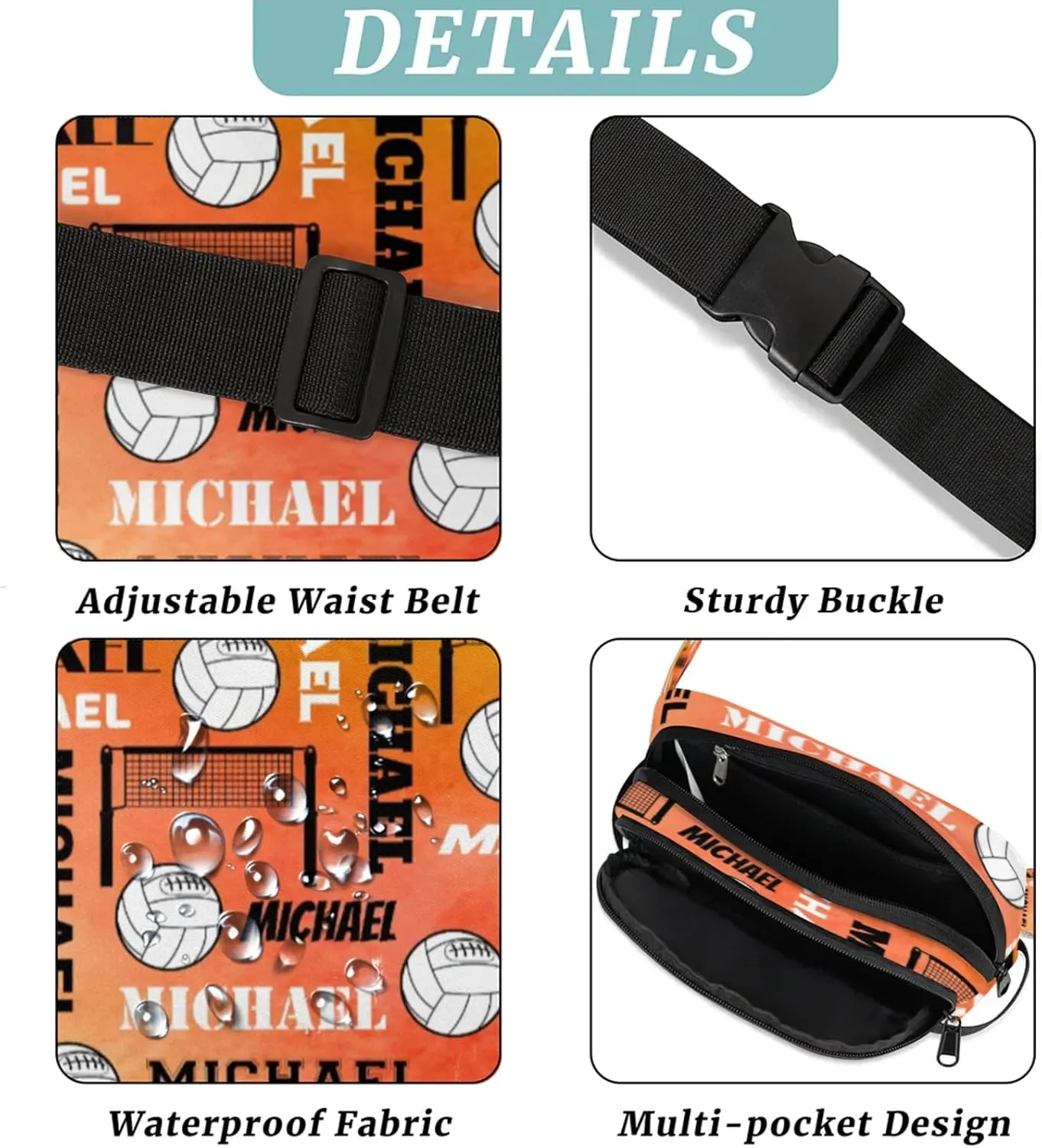 Custom Name Volleyball Waist Packs for Women Men, Personalized Fanny Pack Crossbody Belt Bag with Adjustable Strap for Sports Workout Traveling, Dark Orange