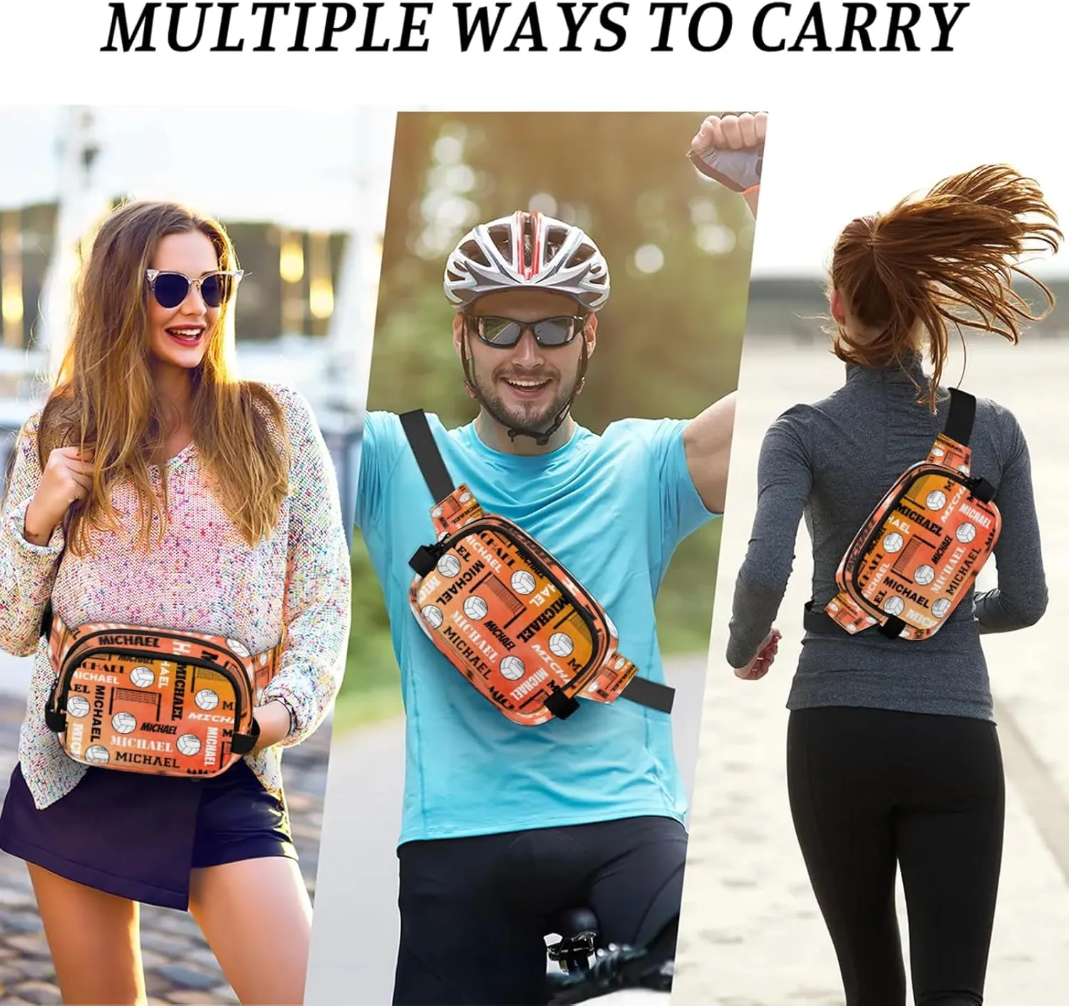 Custom Name Volleyball Waist Packs for Women Men, Personalized Fanny Pack Crossbody Belt Bag with Adjustable Strap for Sports Workout Traveling, Dark Orange