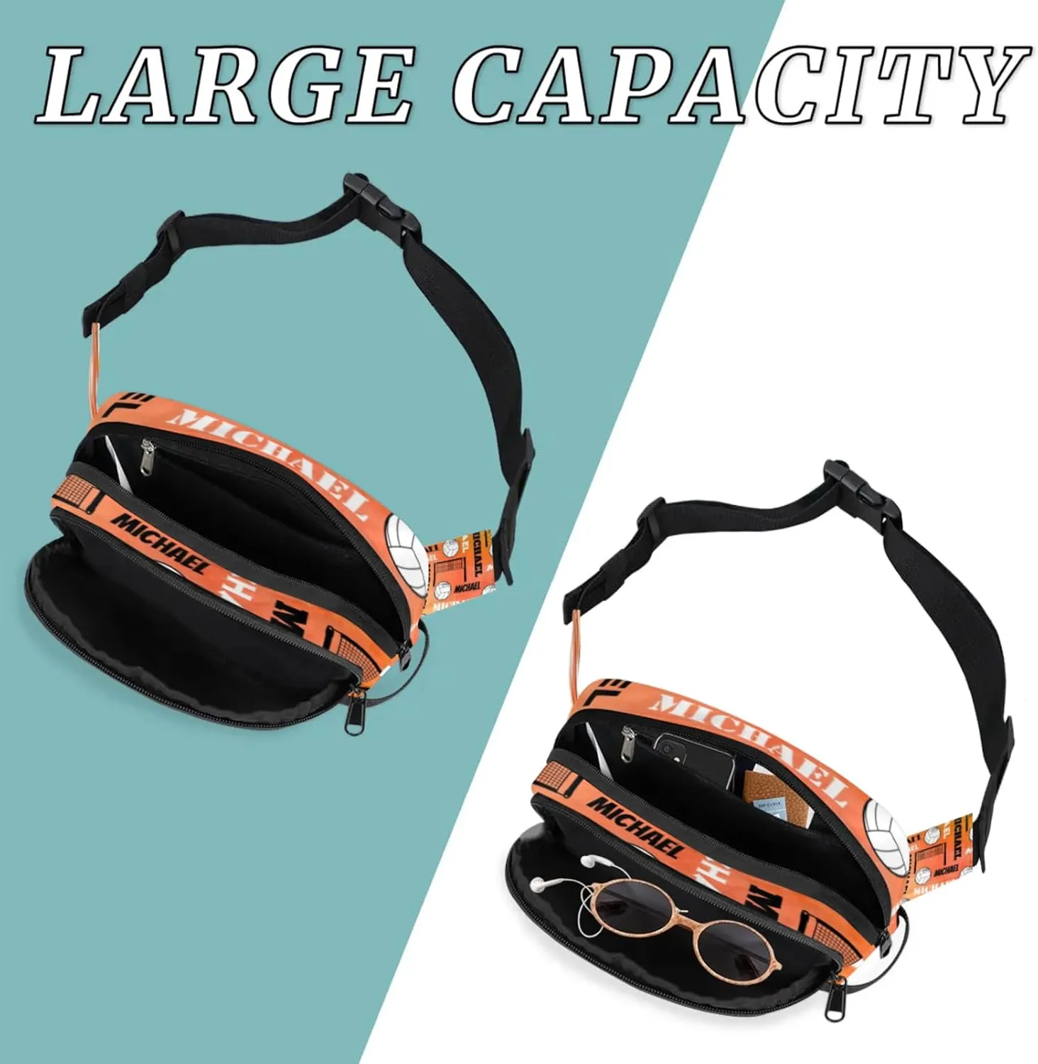 Custom Name Volleyball Waist Packs for Women Men, Personalized Fanny Pack Crossbody Belt Bag with Adjustable Strap for Sports Workout Traveling, Dark Orange