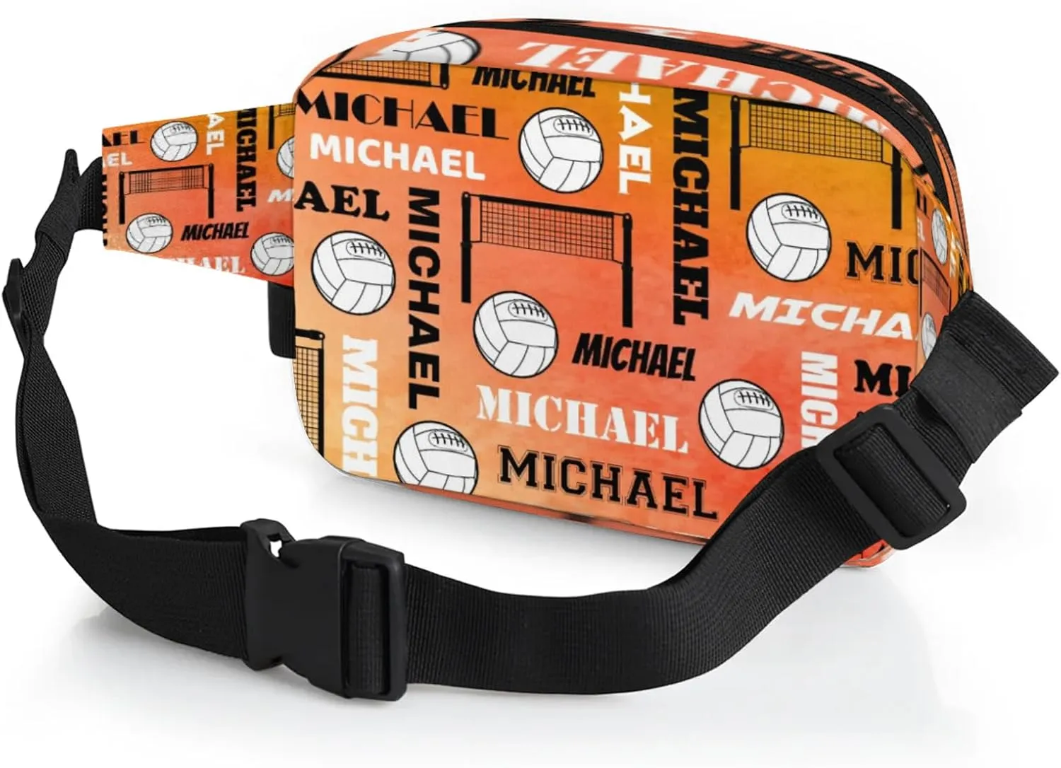 Custom Name Volleyball Waist Packs for Women Men, Personalized Fanny Pack Crossbody Belt Bag with Adjustable Strap for Sports Workout Traveling, Dark Orange
