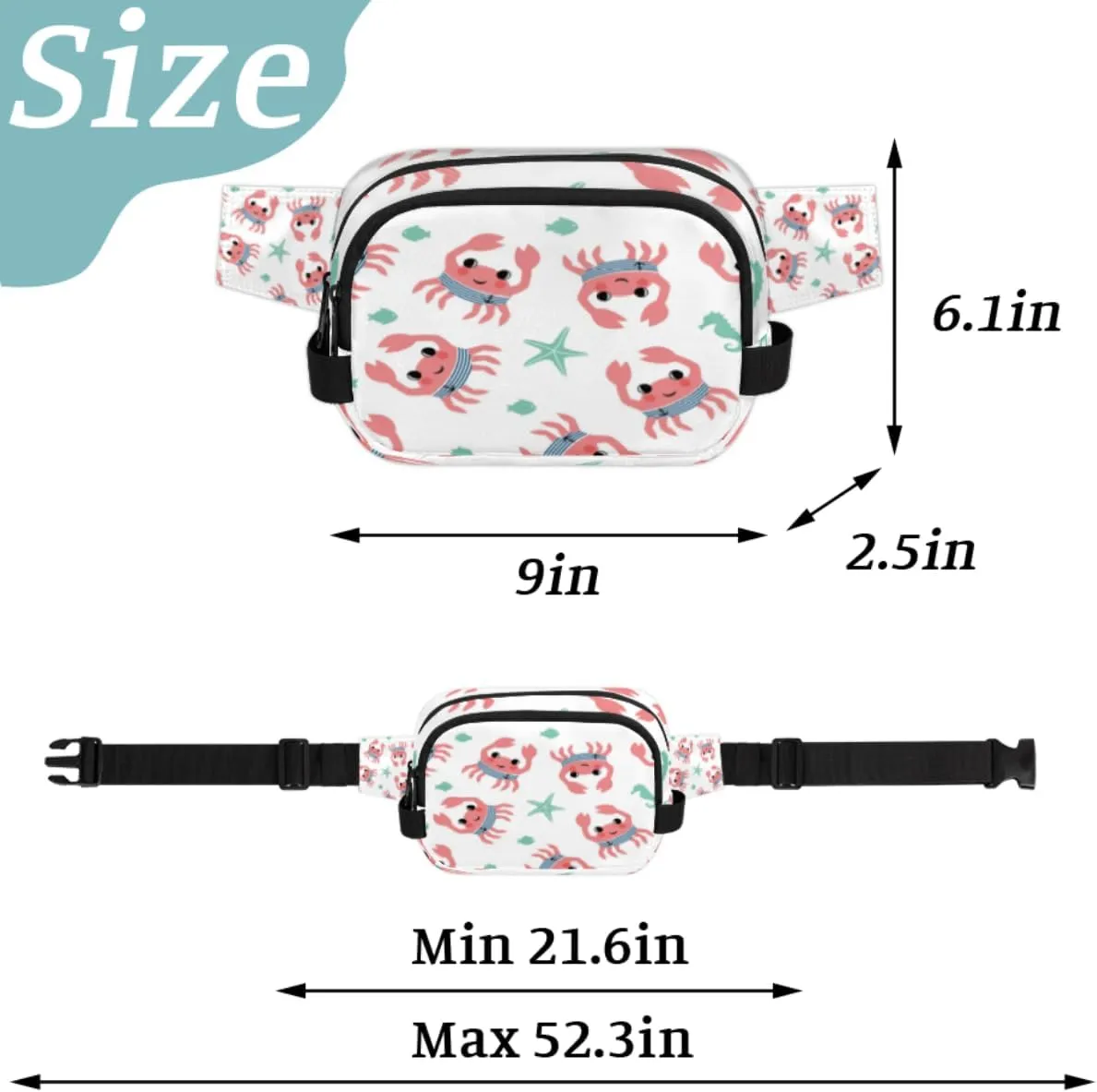 Cute Crabs Durable Waterproof Fanny Pack with Double Zipper Closure - Organize Your Essentials with Ease - Lightweight and Comfortable for Men and Women