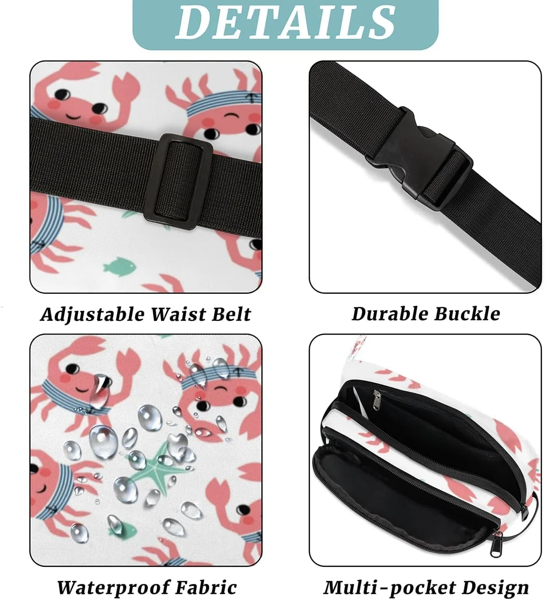 Cute Crabs Durable Waterproof Fanny Pack with Double Zipper Closure - Organize Your Essentials with Ease - Lightweight and Comfortable for Men and Women