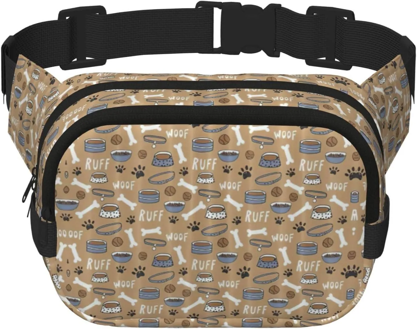 Cute Dog Bone Bowl Woof Paw Print Men and Women Square Double Layer Waist Bag Workout Crossbody Travel Waist Bag