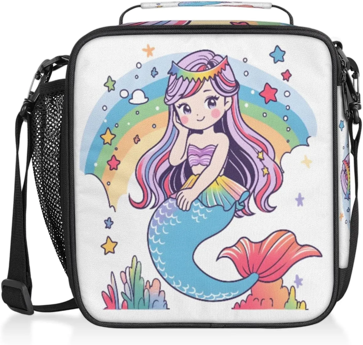 Cute Mermaid Lunch Bags for Women Men Rainbow Underwater Women Insulated Lunch Box Lunchbox Cooler Tote Bag Shoulder Strap Reusable for Beach Travel Picnic