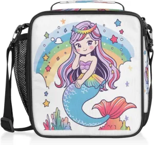 Cute Mermaid Lunch Bags for Women Men Rainbow Underwater Women Insulated Lunch Box Lunchbox Cooler Tote Bag Shoulder Strap Reusable for Beach Travel Picnic