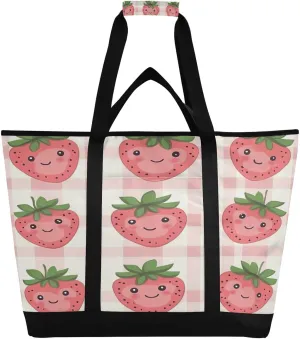 Cute Strawberry Reusable Insulated Lunchbox Cooler Bag, Leakproof Kitchen Grocery Bag Collapsible Portable Cooler Tote Bag for Picnic, Camping, Office, Travel
