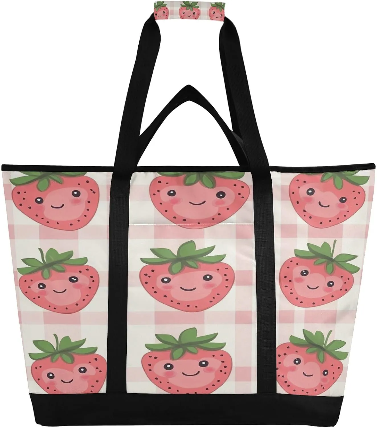 Cute Strawberry Reusable Insulated Lunchbox Cooler Bag, Leakproof Kitchen Grocery Bag Collapsible Portable Cooler Tote Bag for Picnic, Camping, Office, Travel