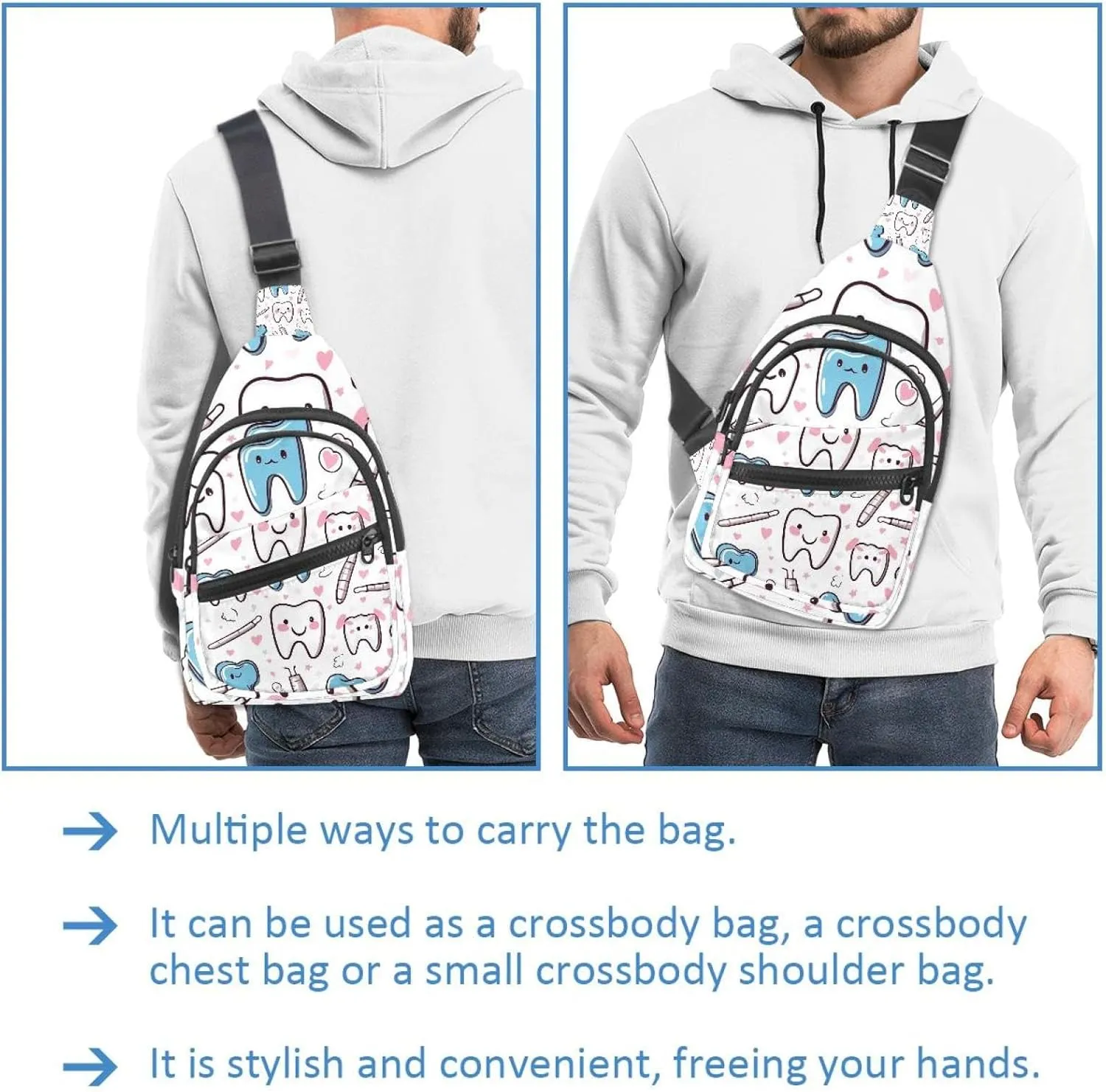 Cute Teeth Sling Bag for Women Men Backpack Fanny Pack Crossbody Chest Travel Shoulder Belt Bags Purse Handbag