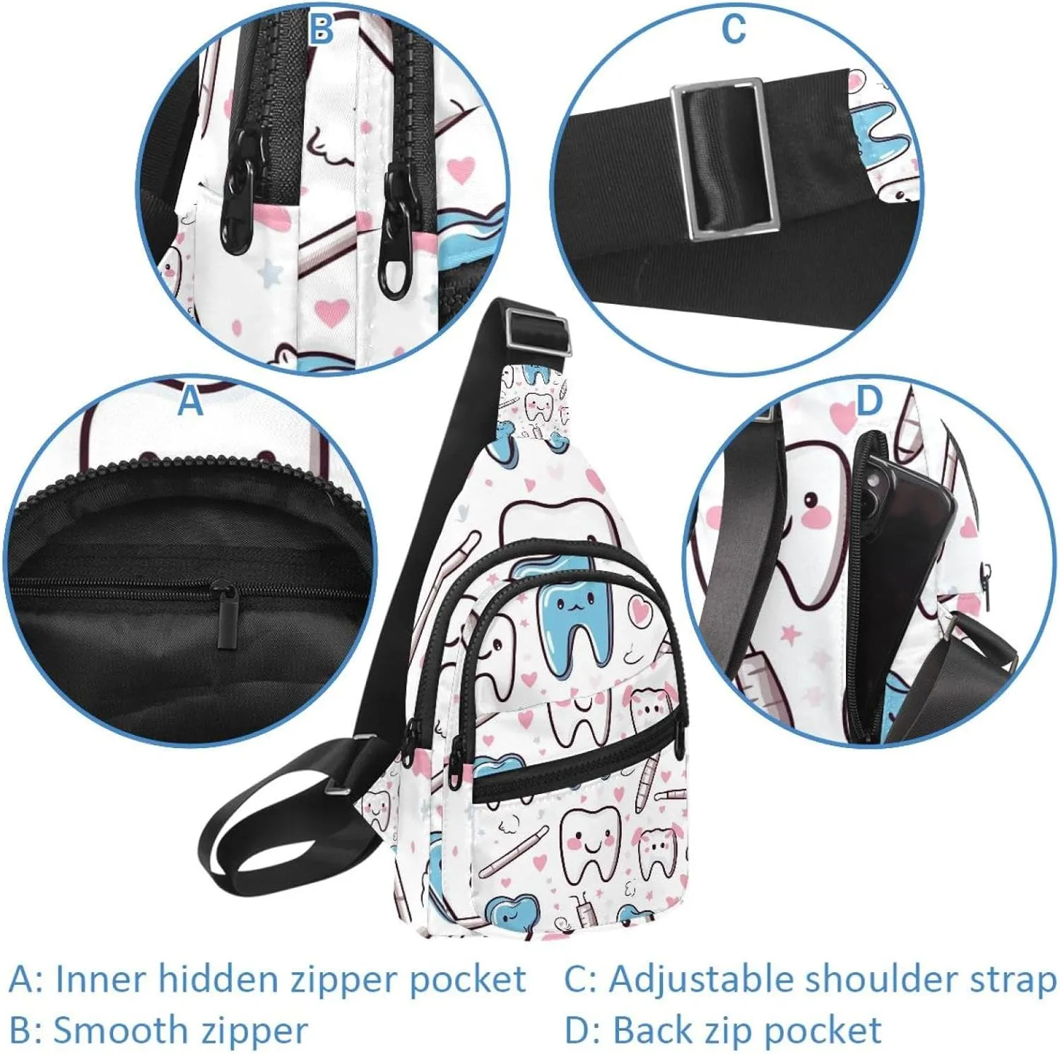 Cute Teeth Sling Bag for Women Men Backpack Fanny Pack Crossbody Chest Travel Shoulder Belt Bags Purse Handbag