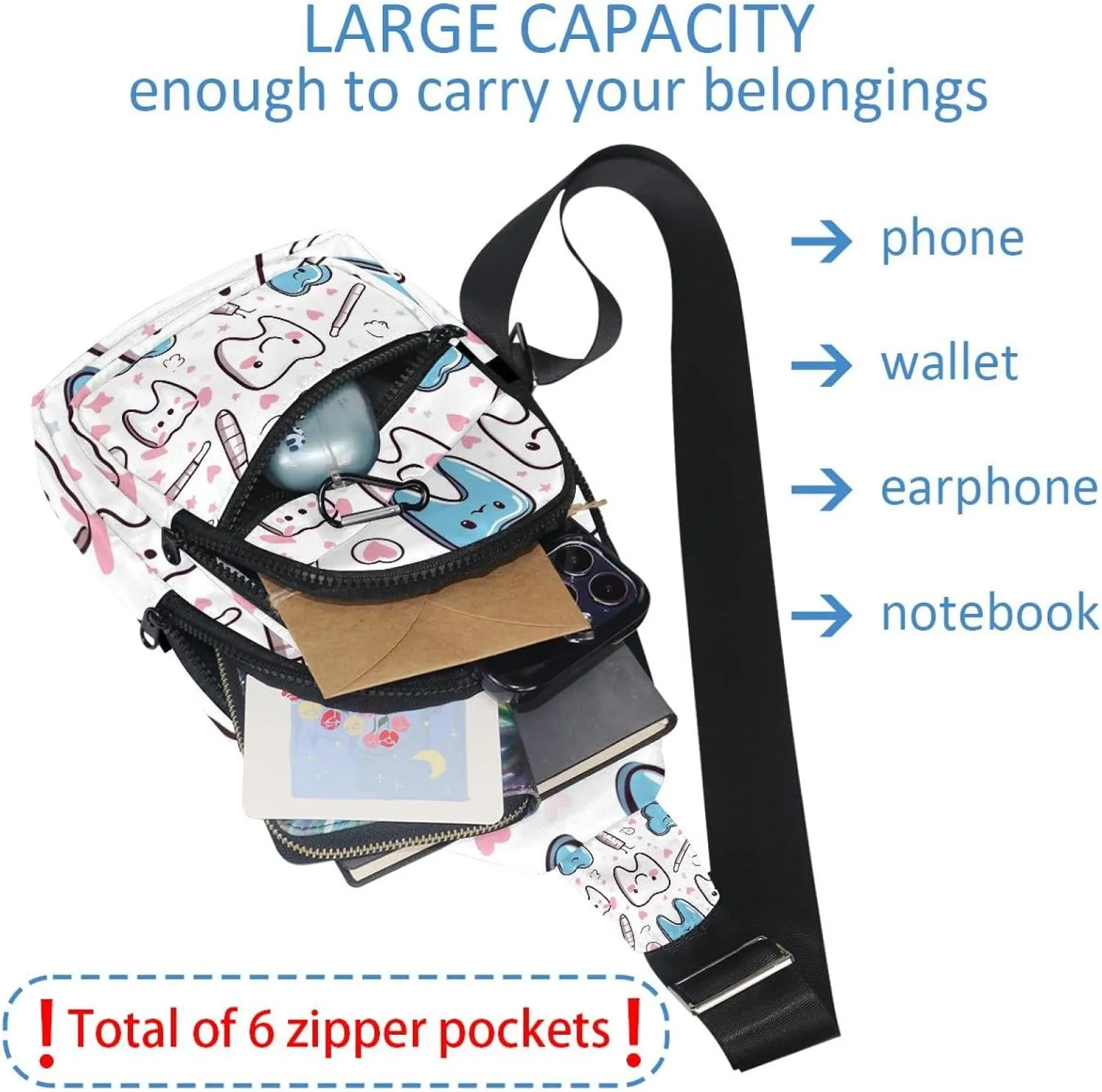 Cute Teeth Sling Bag for Women Men Backpack Fanny Pack Crossbody Chest Travel Shoulder Belt Bags Purse Handbag