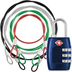 DanziX TSA Approved Lock and 4 Colors Stainless Steel Safety Tether，3-Dial Combination Travel Luggage Lock with Lanyard Security Cable for Protect Your Different Sizes of Suitcase,Baggage-Deep Blue