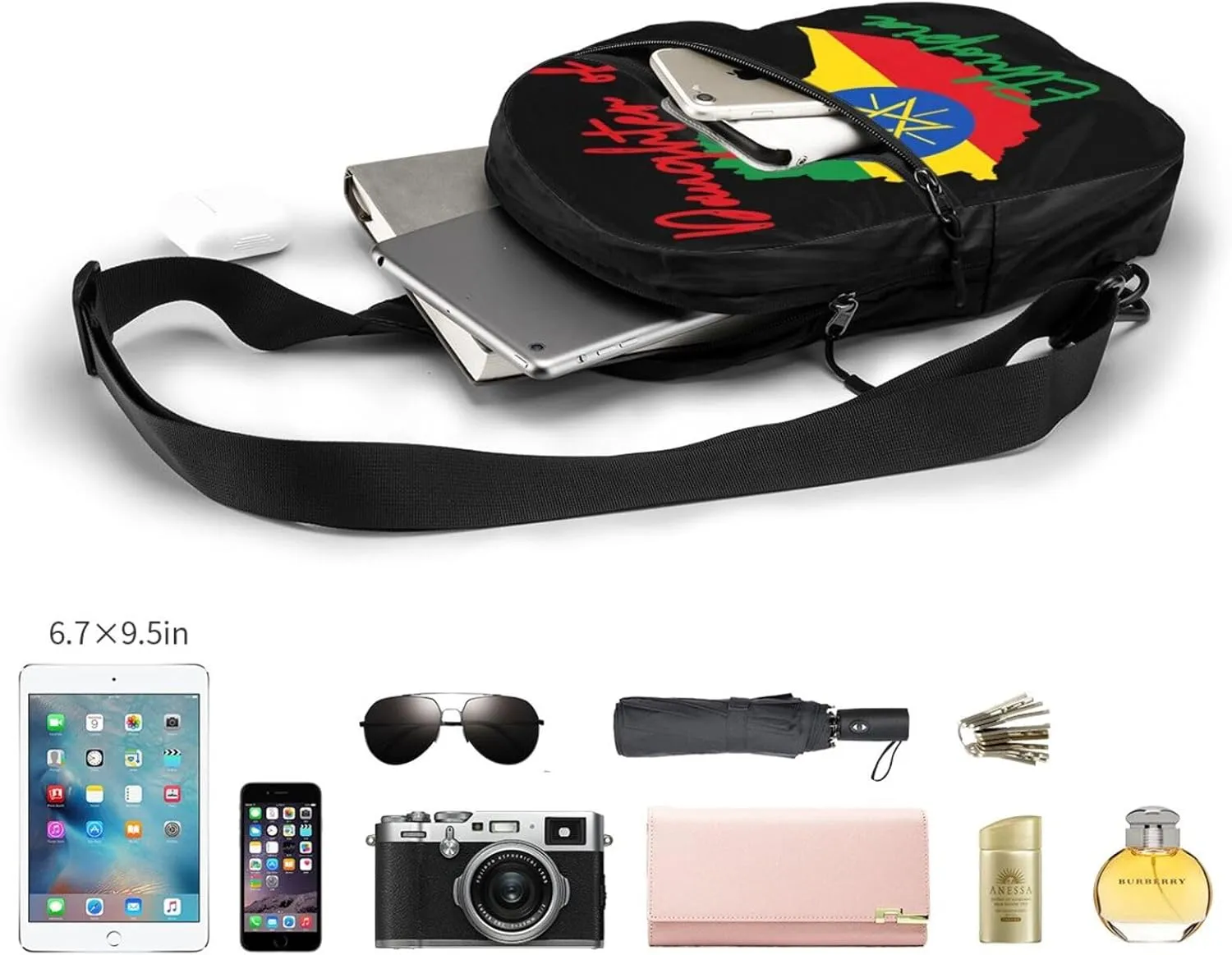 Daughter of Ethiopia Map Flag Portable Crossbody Bag Foldable Sling Bags Sports Gym Chest Daypack Reusable Shoulder Backpack Casual Diagonally Rucksack Fanny Packs