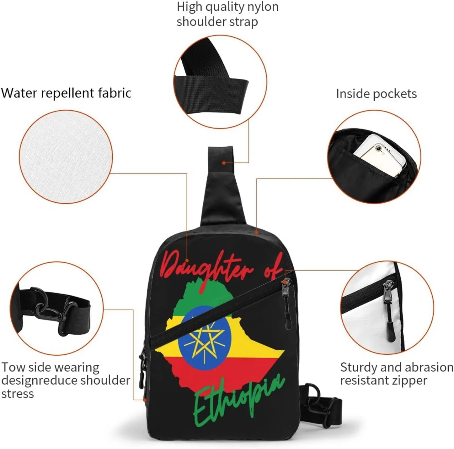 Daughter of Ethiopia Map Flag Portable Crossbody Bag Foldable Sling Bags Sports Gym Chest Daypack Reusable Shoulder Backpack Casual Diagonally Rucksack Fanny Packs