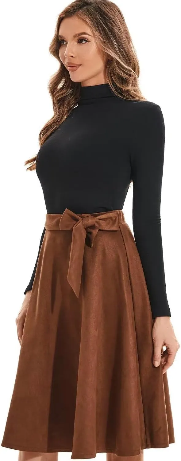 DIASHINY Faux Suede Knee Length Skirt for Women High Waist Flared Stretch A Line Midi Skater Skirts
