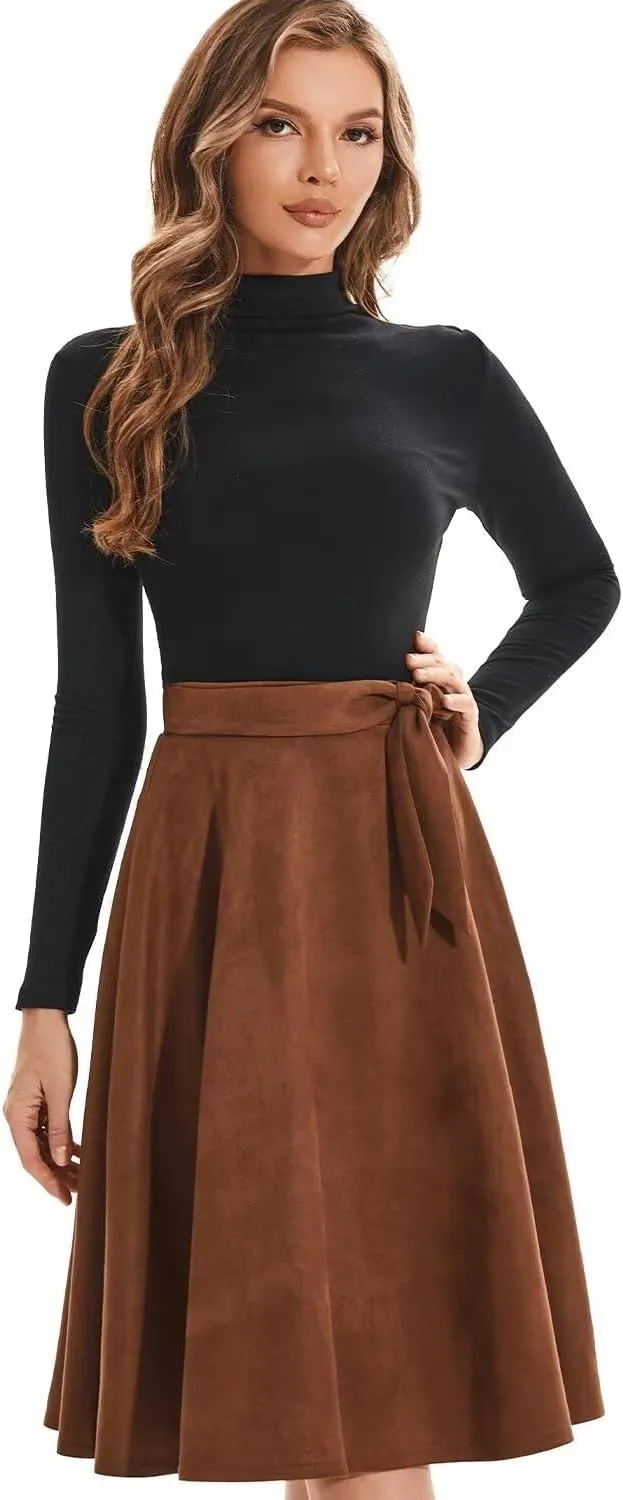 DIASHINY Faux Suede Knee Length Skirt for Women High Waist Flared Stretch A Line Midi Skater Skirts