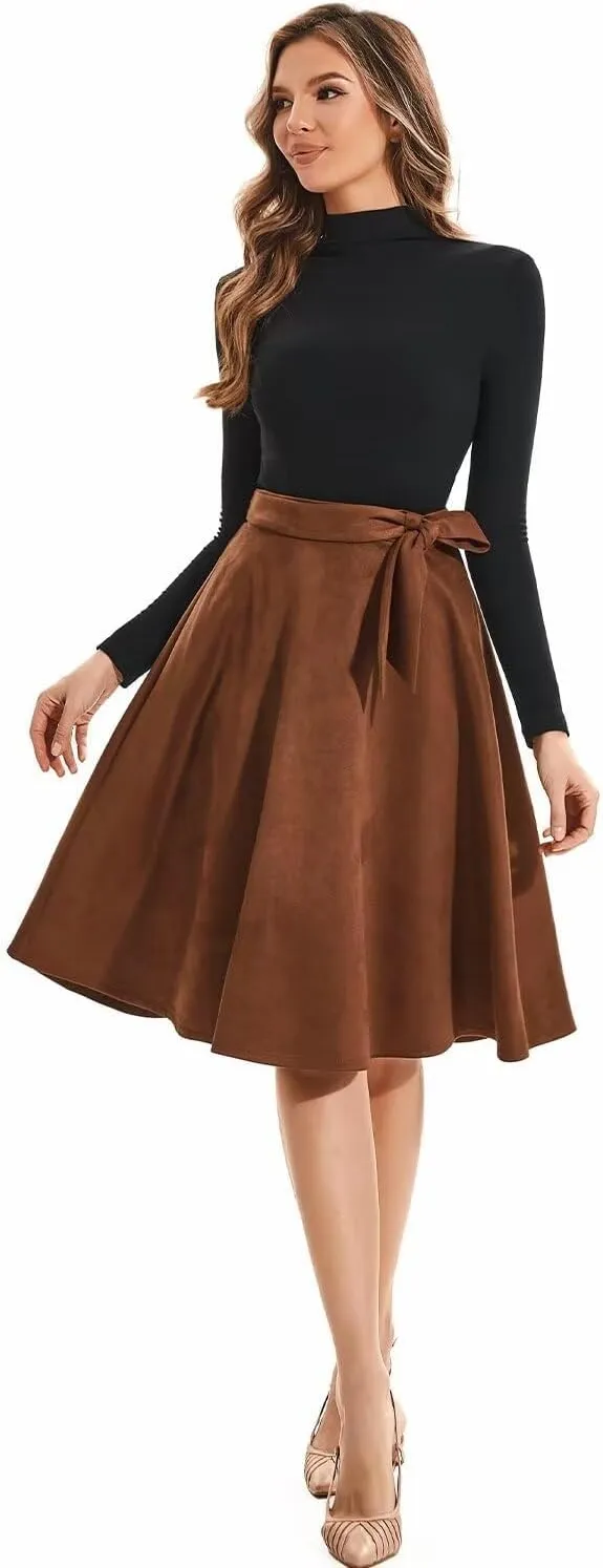 DIASHINY Faux Suede Knee Length Skirt for Women High Waist Flared Stretch A Line Midi Skater Skirts