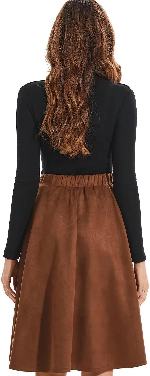 DIASHINY Faux Suede Knee Length Skirt for Women High Waist Flared Stretch A Line Midi Skater Skirts