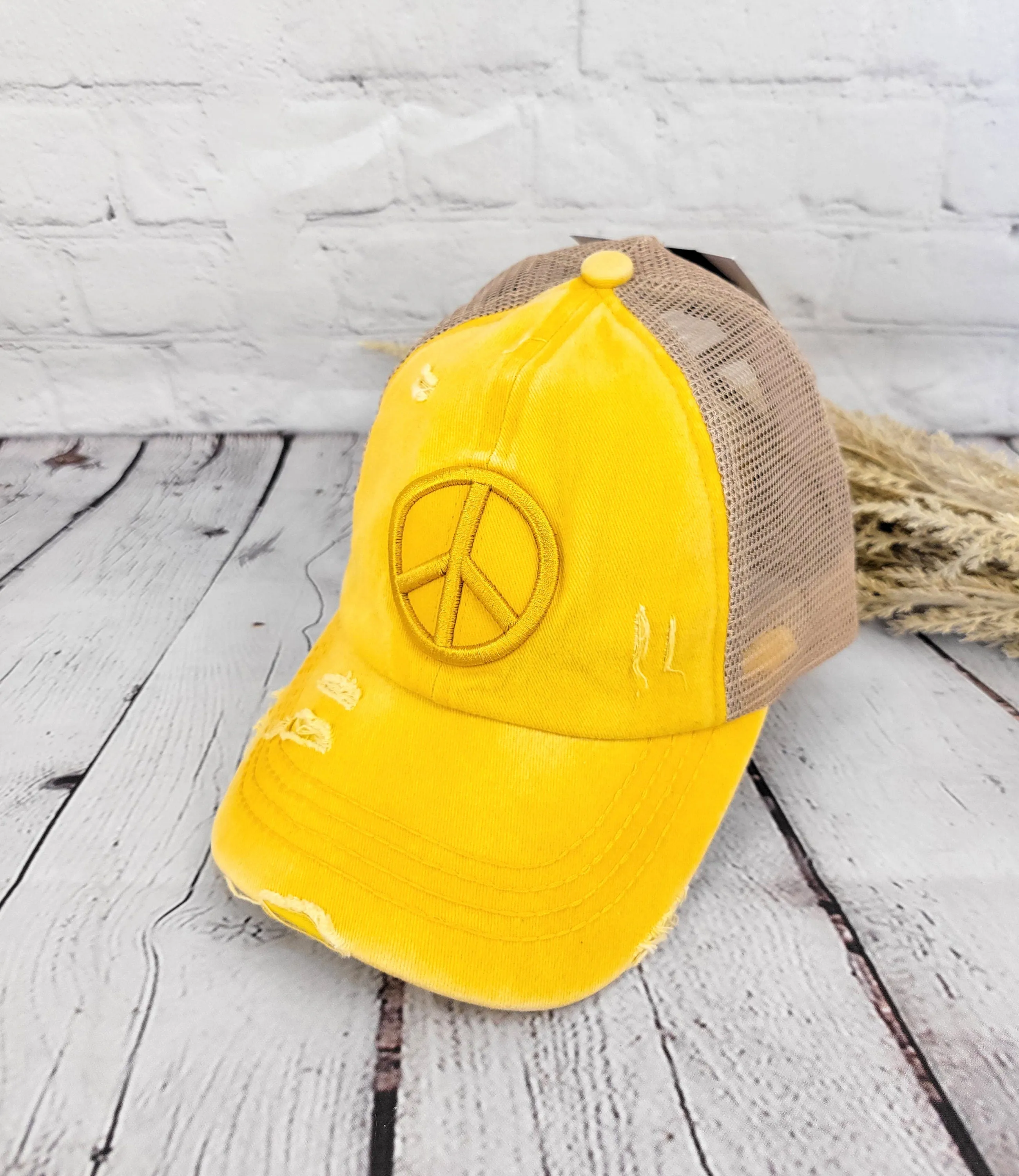 Distressed Embroidered Peace Sign Criss Cross High Pony C.C Ball Cap