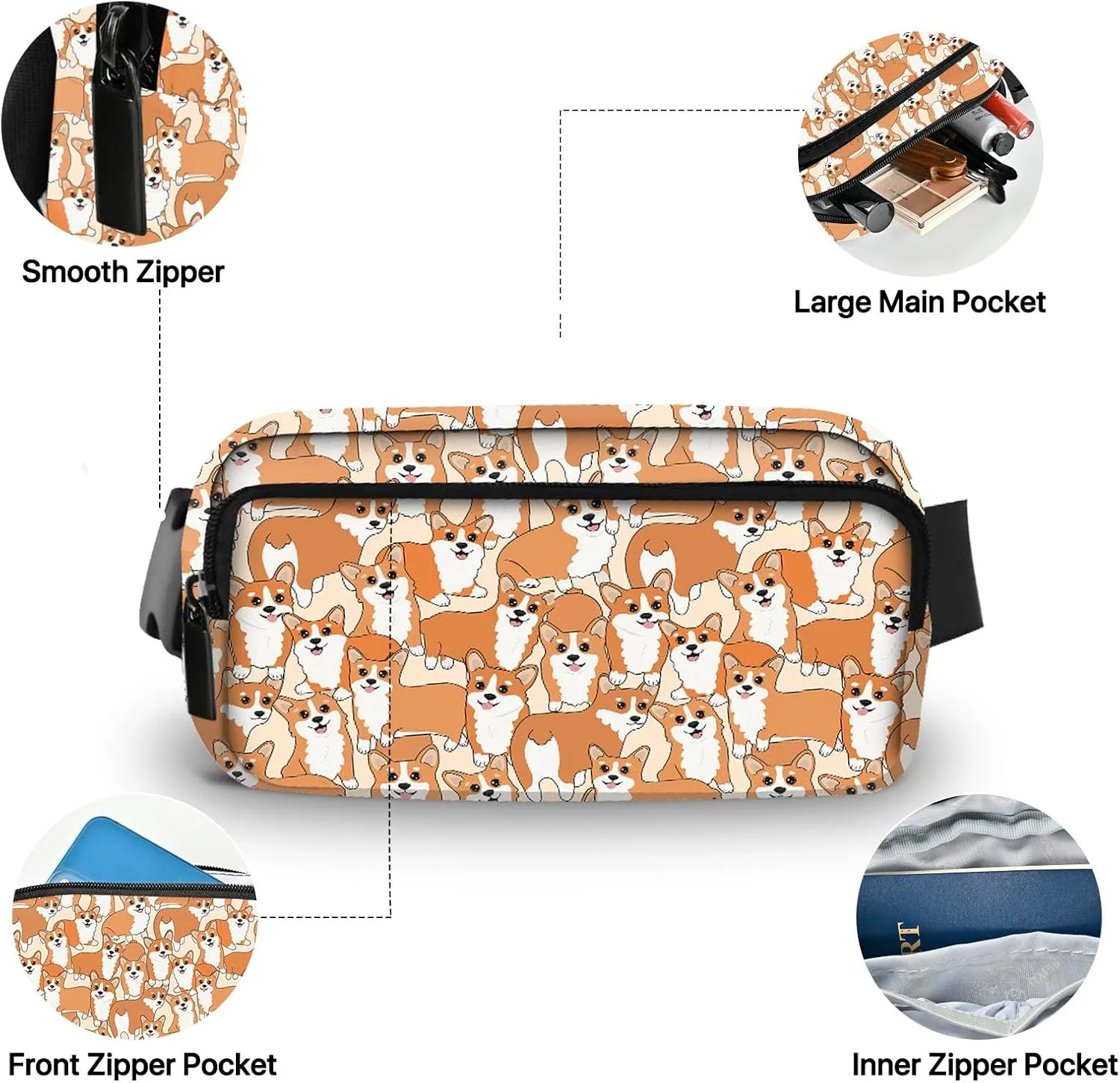 Dog Fanny Pack for Women Belt Bag Fashion Waist Pouch with Adjustable Strap for Sports Running Traveling Hiking Camping Cycling