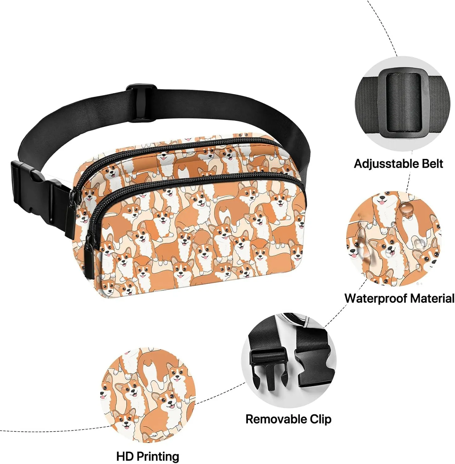 Dog Fanny Pack for Women Belt Bag Fashion Waist Pouch with Adjustable Strap for Sports Running Traveling Hiking Camping Cycling