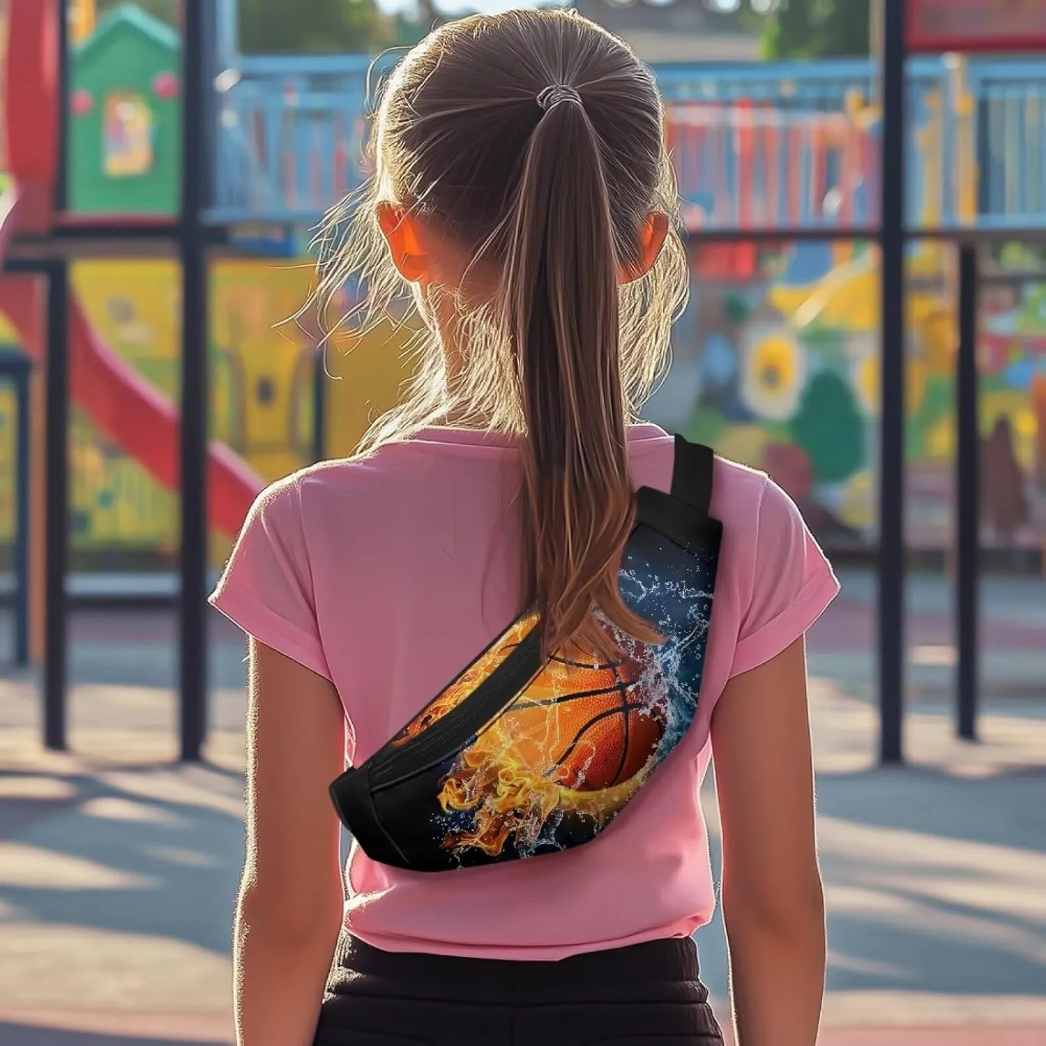 doginthehole Water and Fire Basketball Waist Packs for Kids Boys Lightweight Crossbody Bag with Adjustable Straps Teen Boys Chest Bag for Travel Holiday