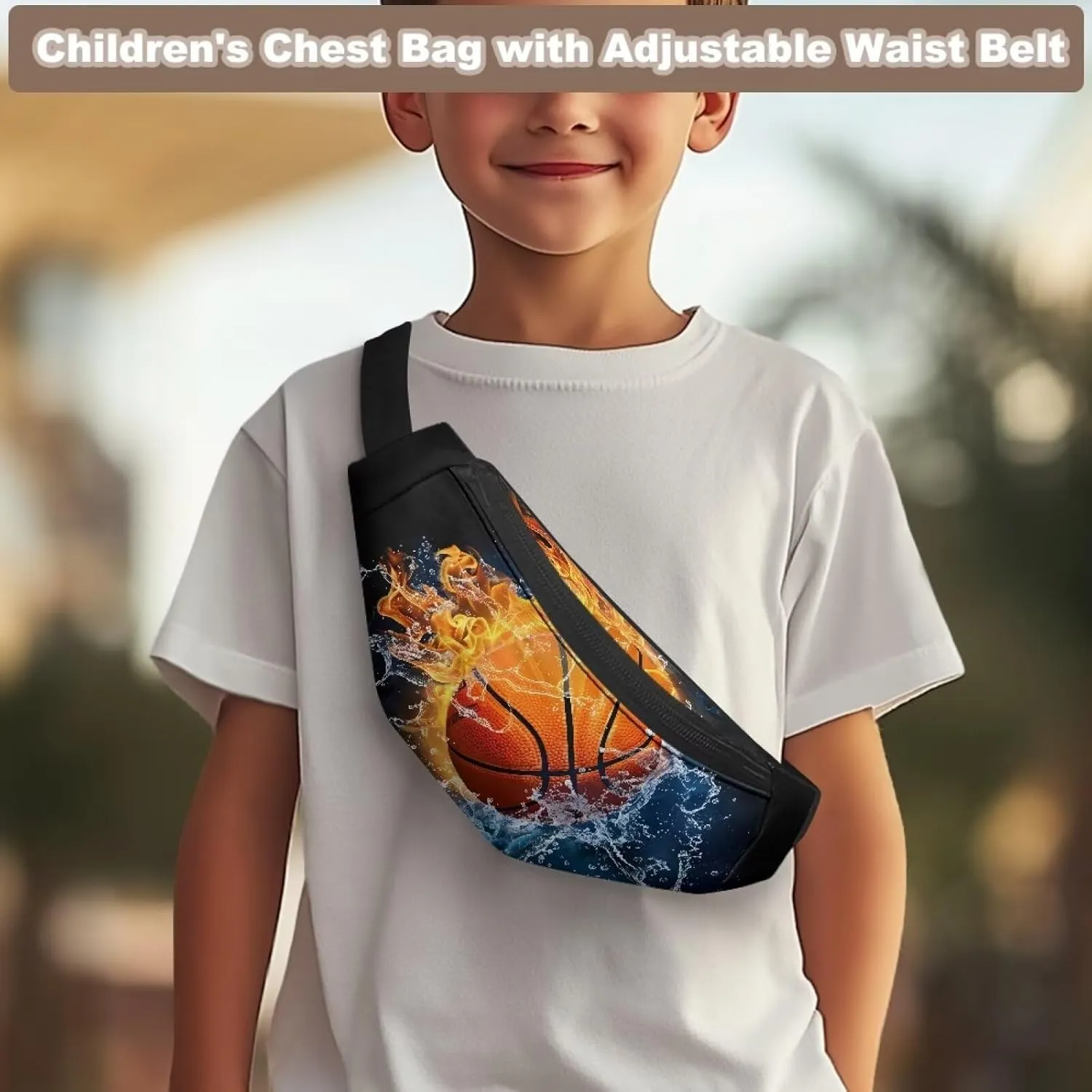 doginthehole Water and Fire Basketball Waist Packs for Kids Boys Lightweight Crossbody Bag with Adjustable Straps Teen Boys Chest Bag for Travel Holiday