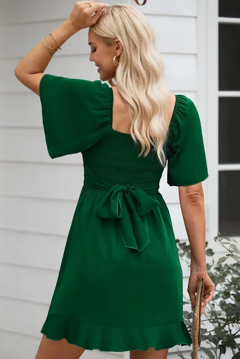 Dokotoo Women's Wrap V Neck Short Flared Sleeve Wedding Guest Dress Smocked Elastic Waist Tiered Belted Ruffle Hem Mini Dress