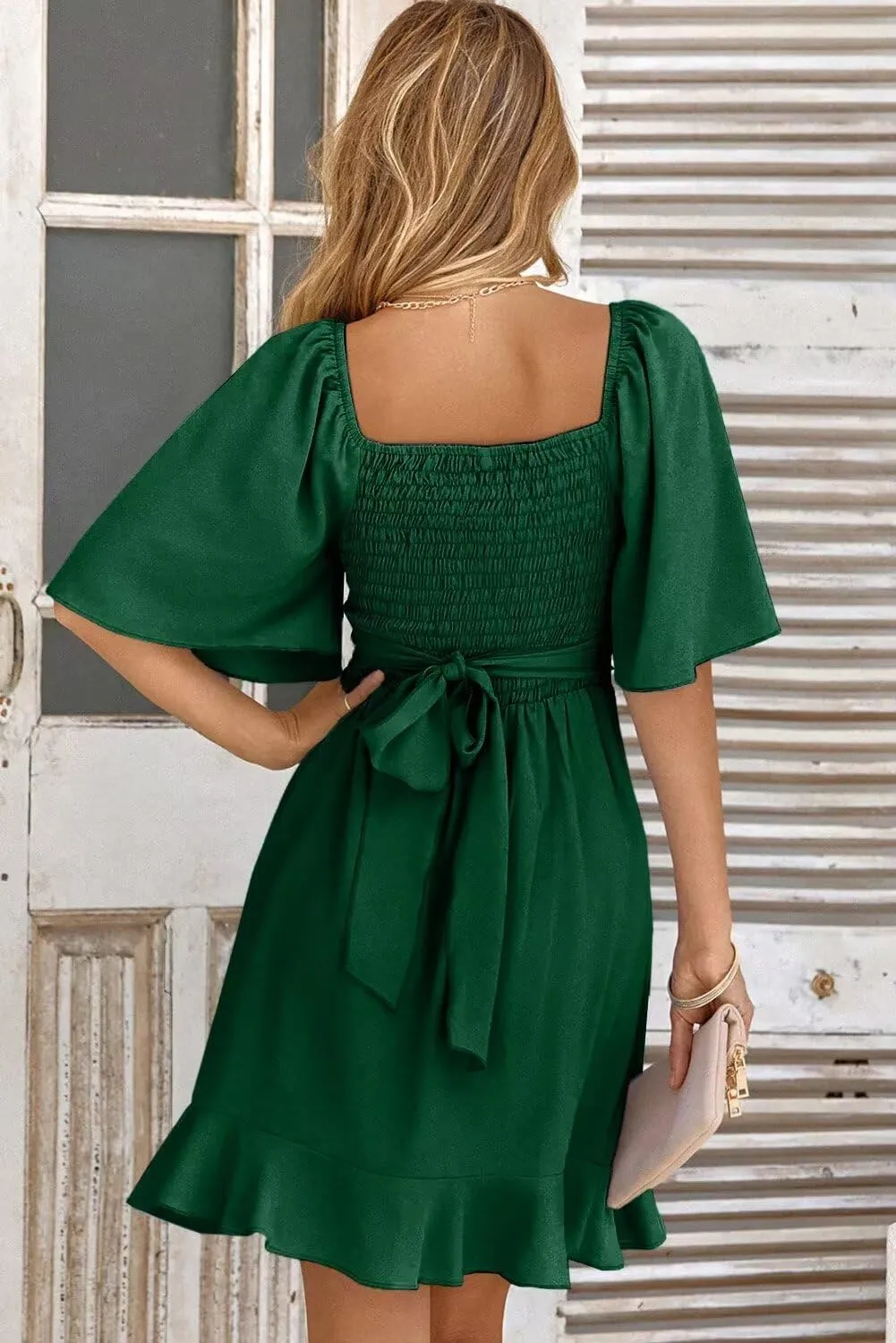 Dokotoo Women's Wrap V Neck Short Flared Sleeve Wedding Guest Dress Smocked Elastic Waist Tiered Belted Ruffle Hem Mini Dress