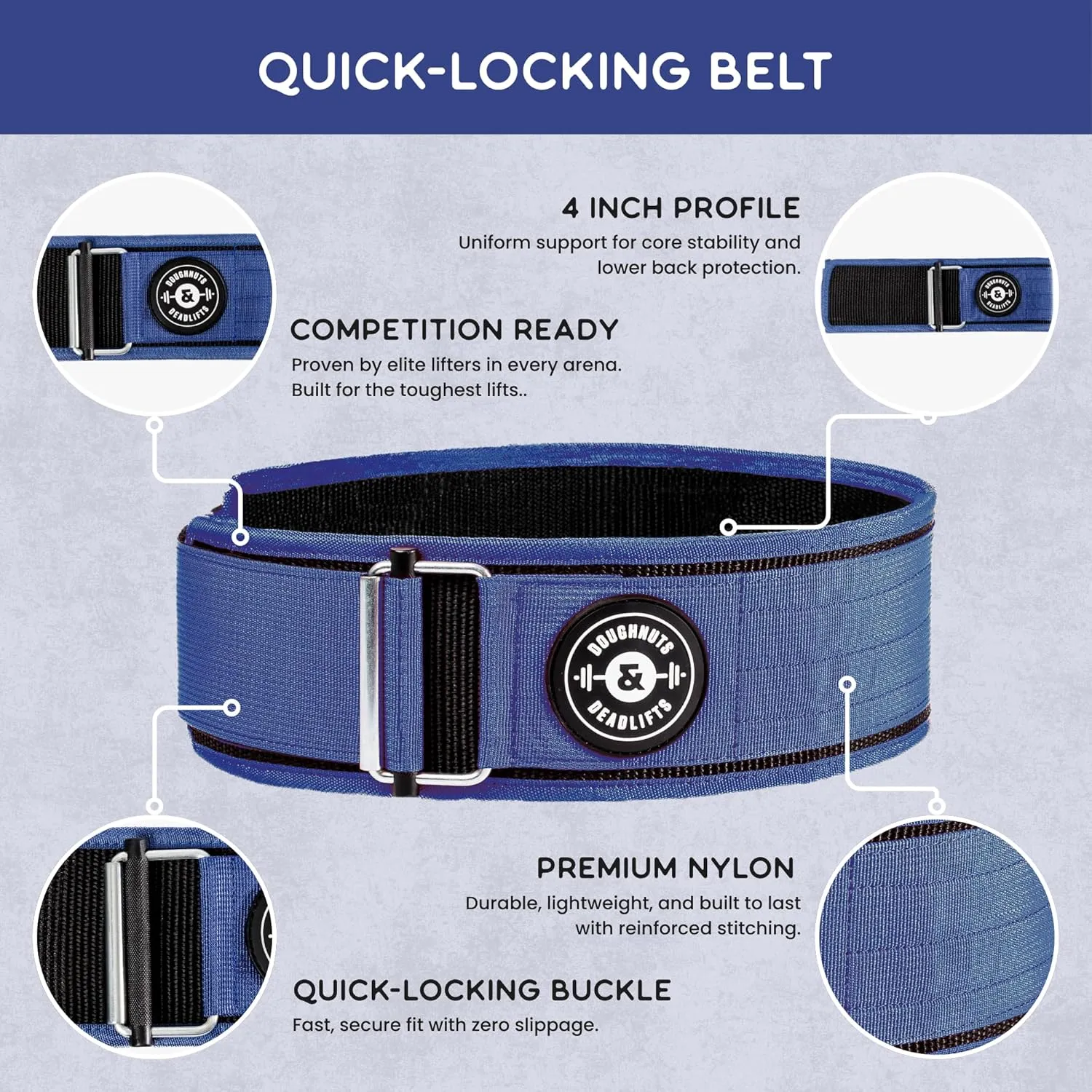 Doughnuts & Deadlifts Quick Locking Weight Lifting Belt for Bodybuilding, Powerlifting, Cross Training - 4-Inch, Nylon, Metal Buckle