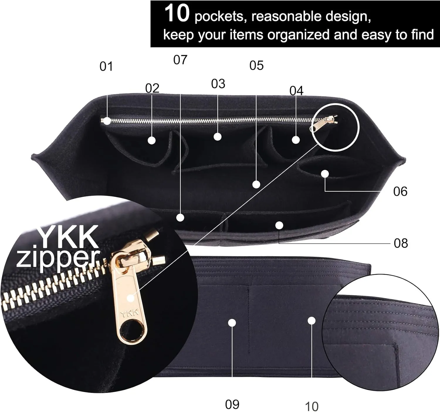Doxo Purse Organizer Insert Handbag&Tote Large with Zipper Bag in Bag Fit Speedy 30 and Neverfull PM/Saint Louis PM & Base Shaper 2pc Set(Large-Black-Combination)