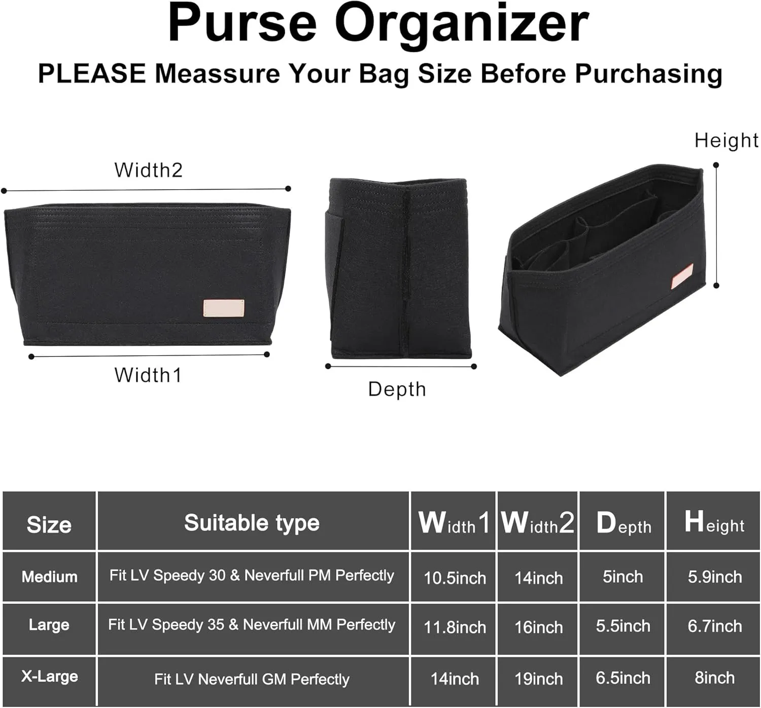 Doxo Purse Organizer Insert Handbag&Tote Large with Zipper Bag in Bag Fit Speedy 30 and Neverfull PM/Saint Louis PM & Base Shaper 2pc Set(Large-Black-Combination)