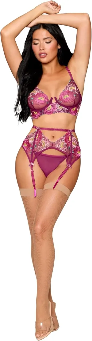 Dreamgirl womens Pink Dahlia Floral Lace Bra, Garter Belt & G-string
