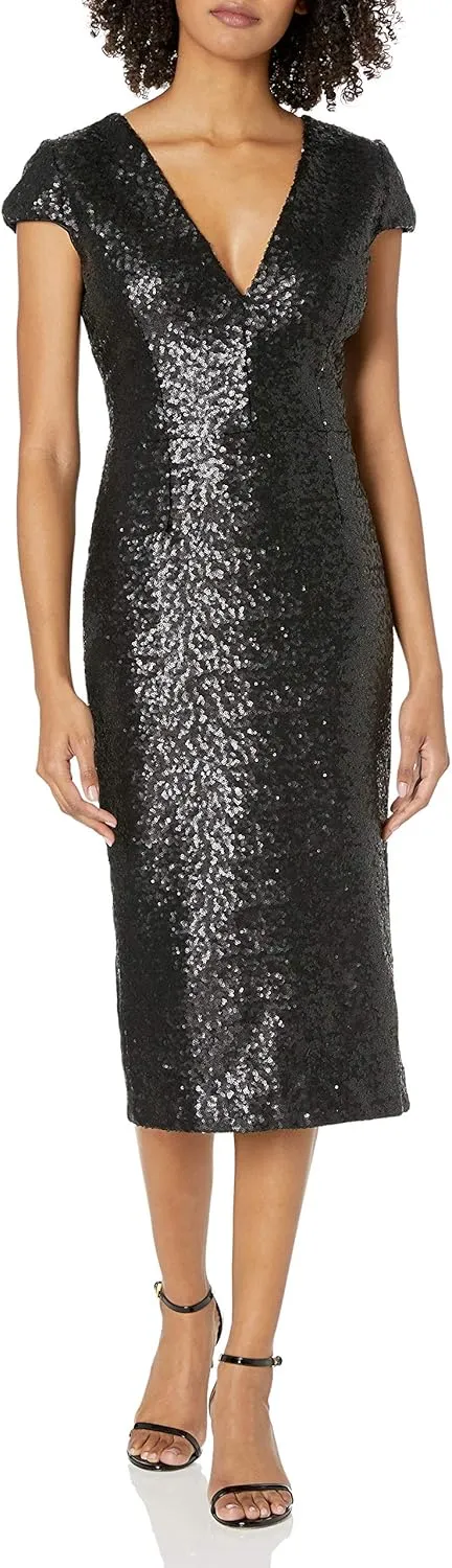 Dress the Population Women's Aurora Plunging Spaghetti Strap Midi Dress