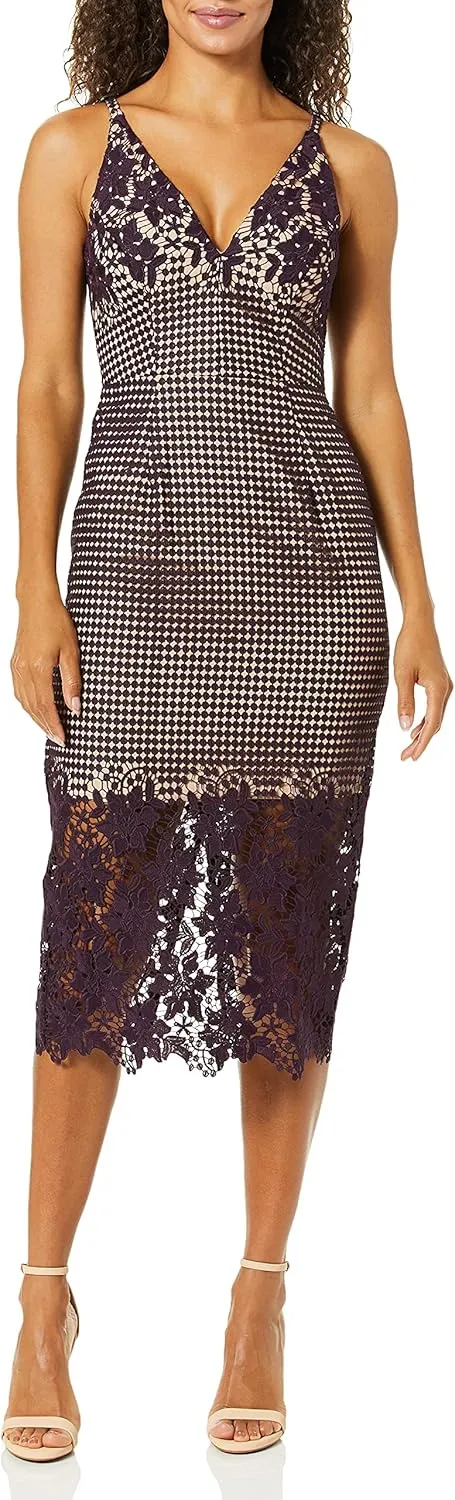 Dress the Population Women's Aurora Plunging Spaghetti Strap Midi Dress