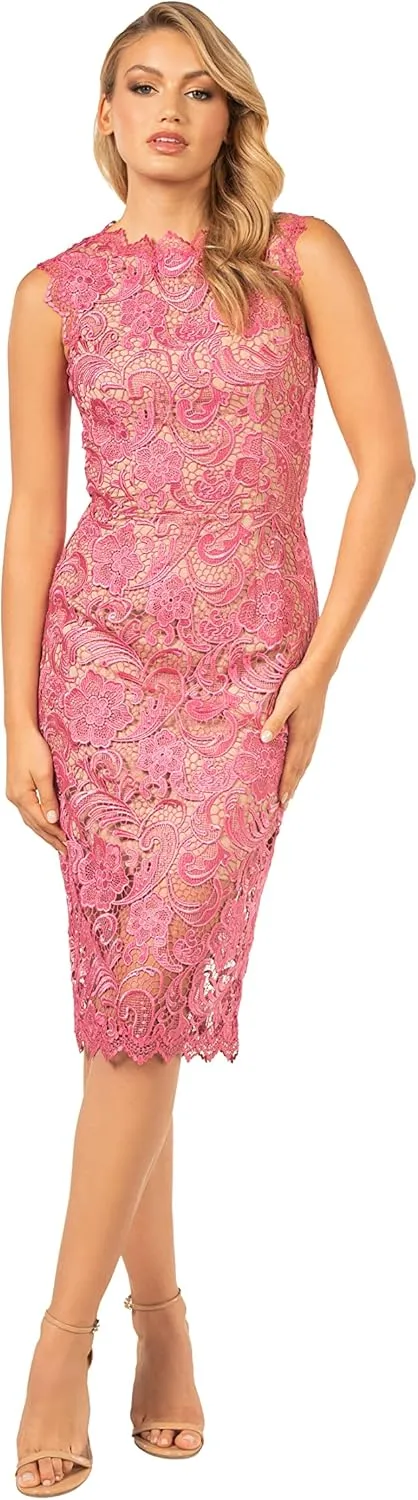 Dress the Population Women's Claudette Lace Sheath Midi Dress